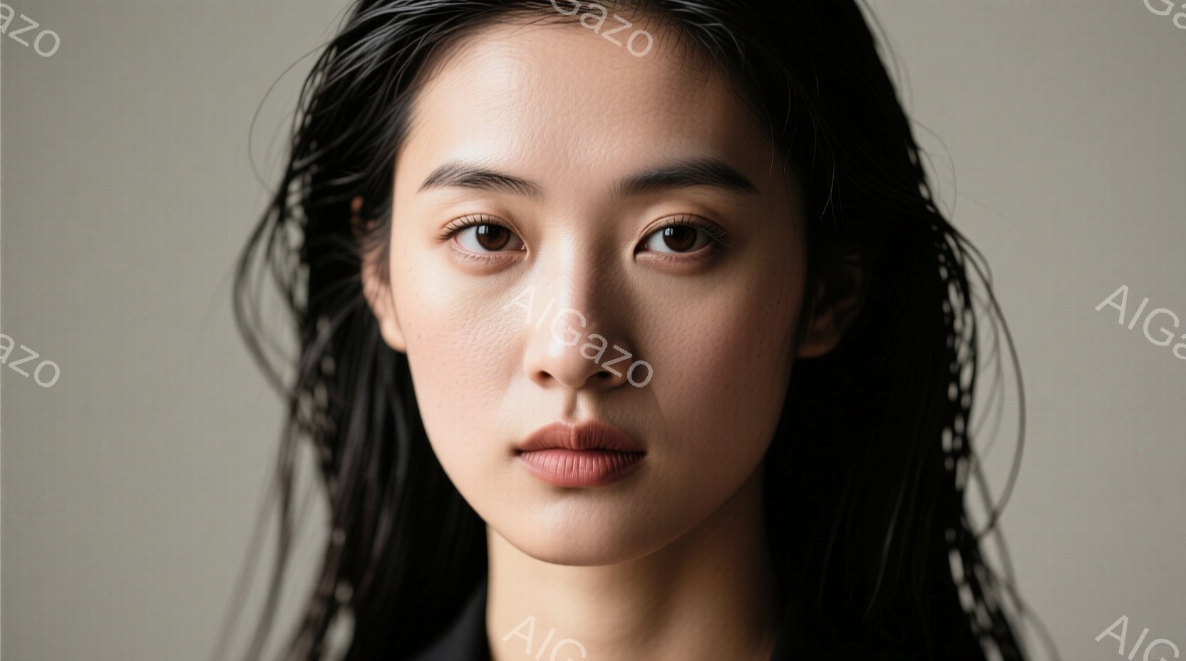 濡れた髪の女性のクローズアップです。彼女は暗い色の服を着ており、顔は正面を向いていて、穏やかで少し物憂げな表情をしています。背景は淡いグレーで、女性が際立っています。