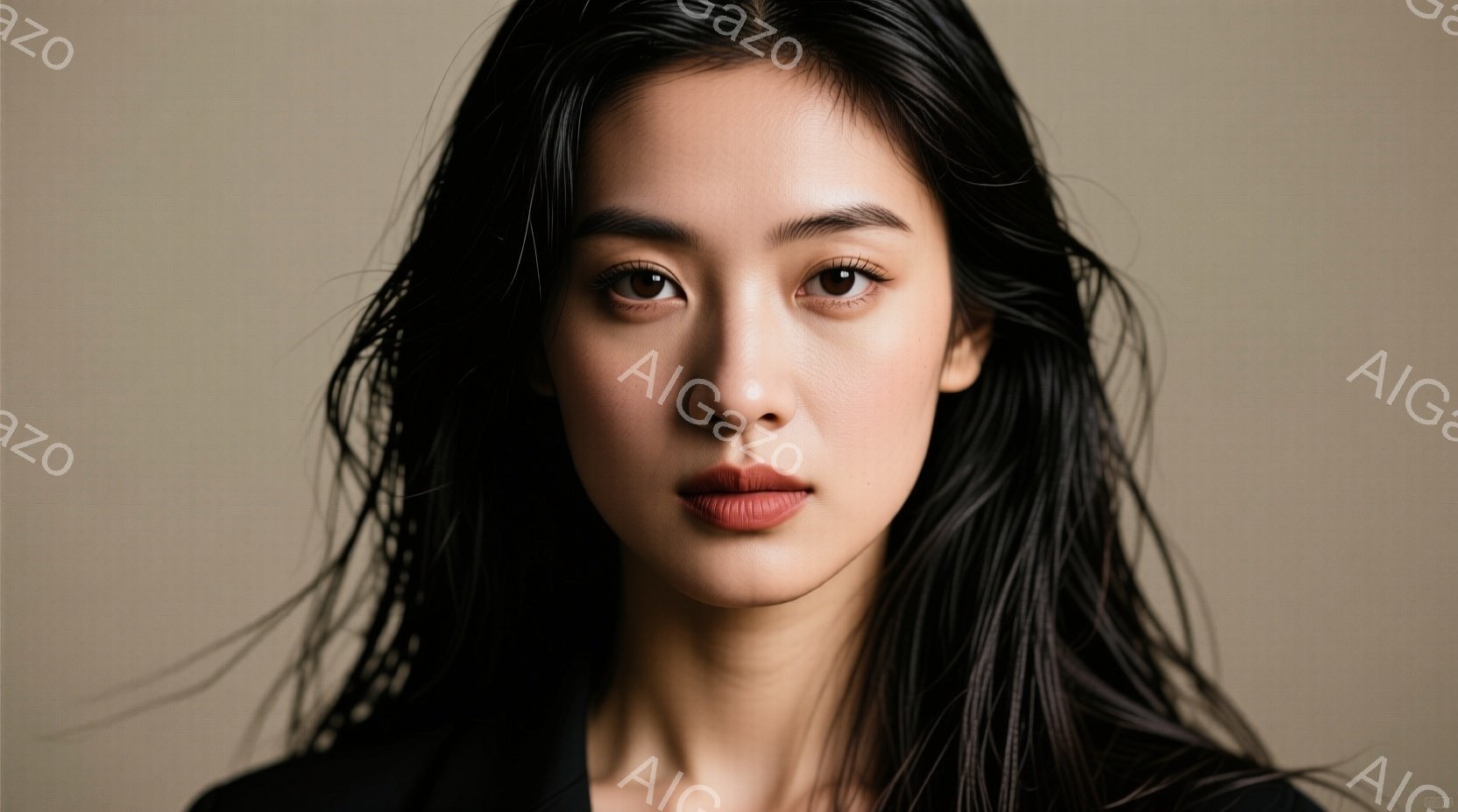 長い黒髪を無造作に広げたアジア系の女性が写っています。彼女は落ち着いた表情でカメラを見つめており、薄い色のシャツを着用しています。背景はベージュ系の単色で、女性が引き立つようにシンプルに構成されています。