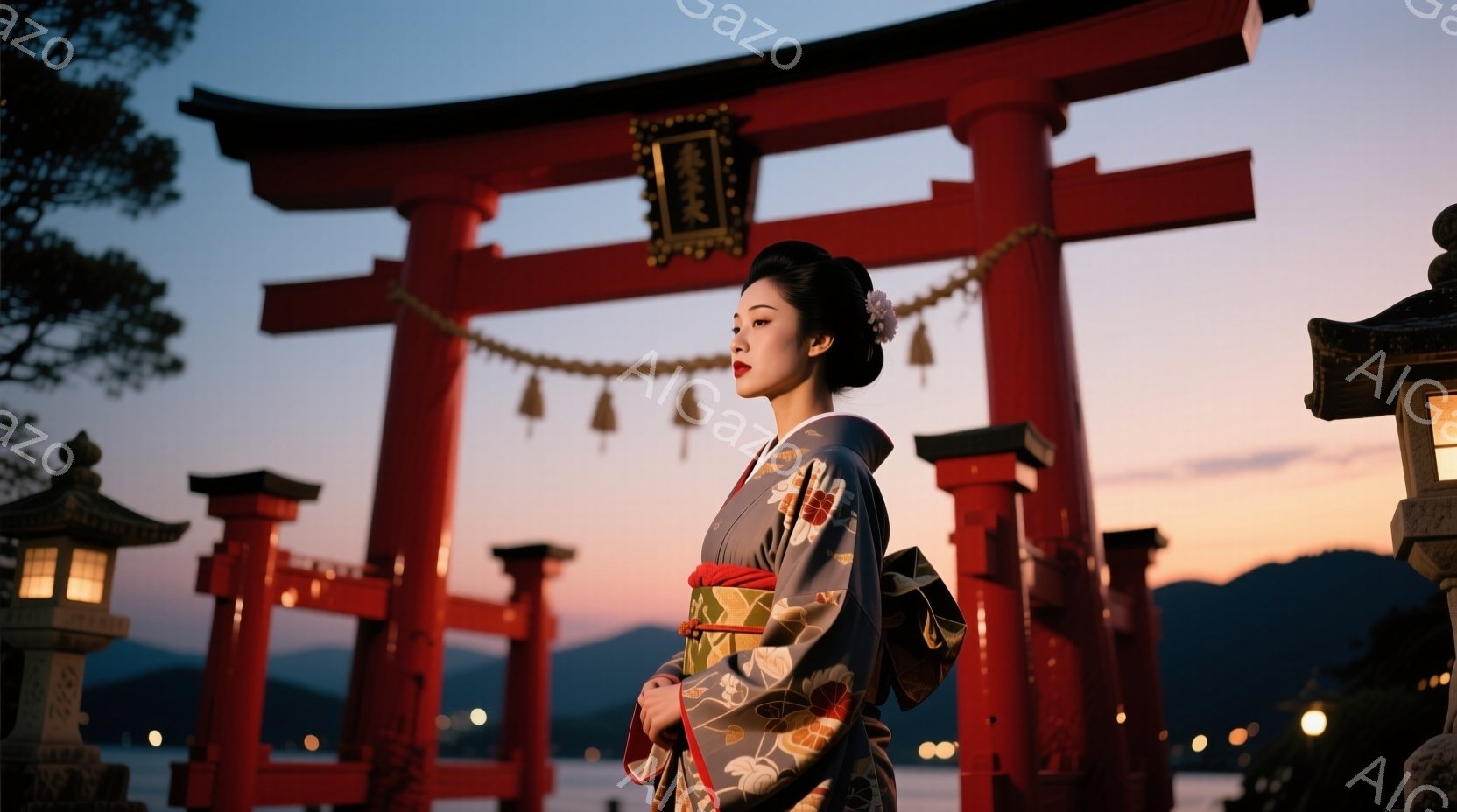 鮮やかな朱色の鳥居が印象的な写真です。女性は緑と金色の美しい着物を身につけ、黒髪を高く結い上げ、控えめな微笑みを浮かべています。背景には穏やかな海と山々が広がり、夕焼け空が鳥居を照らし、神聖で静謐な雰 - AI生成フリー素材
