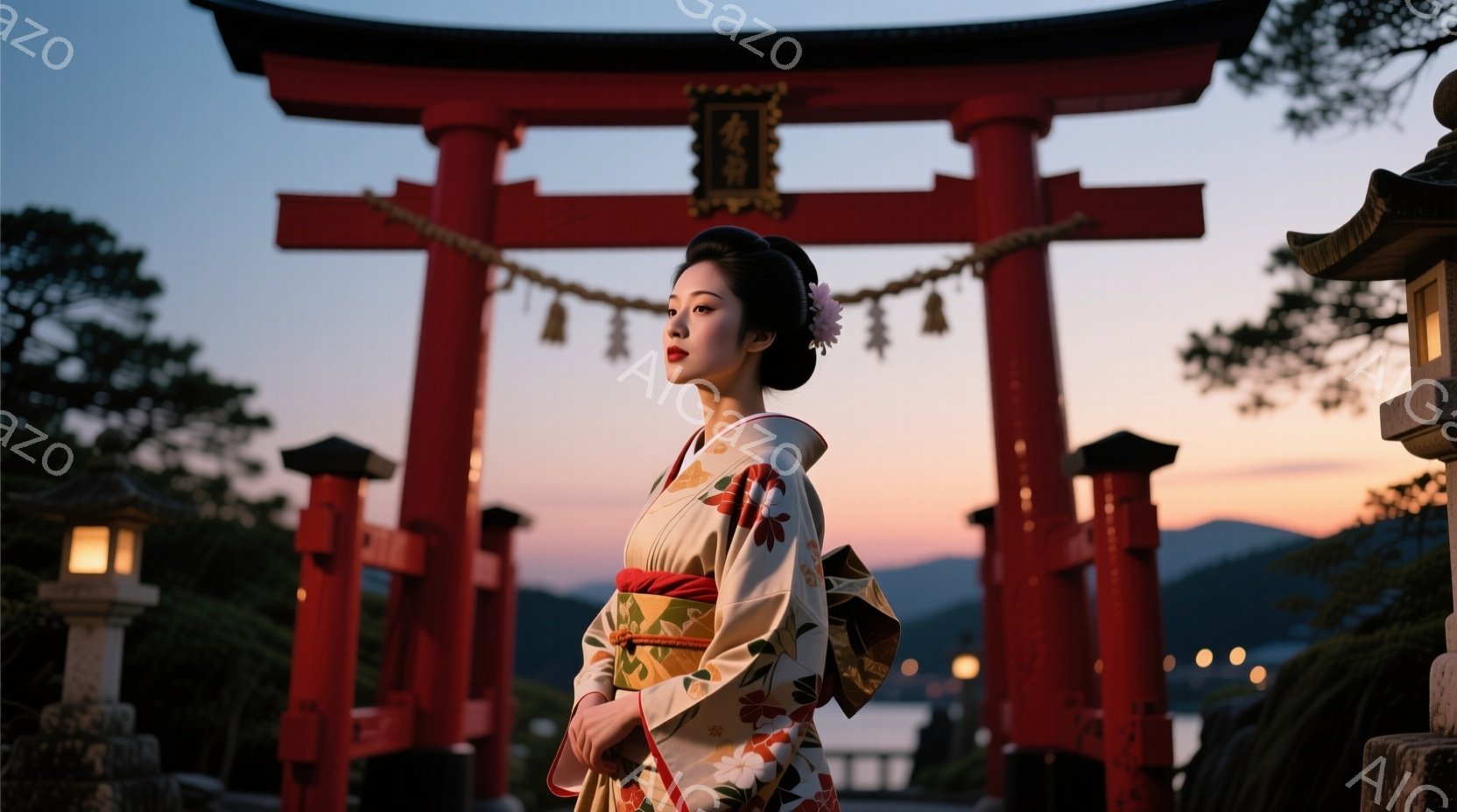 鮮やかな朱色の鳥居が印象的な写真で、着物を着た女性が佇んでいます。女性はクリーム色の地に赤い花の模様が入った着物を着ており、黒い髪を上品にまとめ、控えめな微笑みを浮かべています。背景には山々と、夕暮れ - AI生成フリー素材