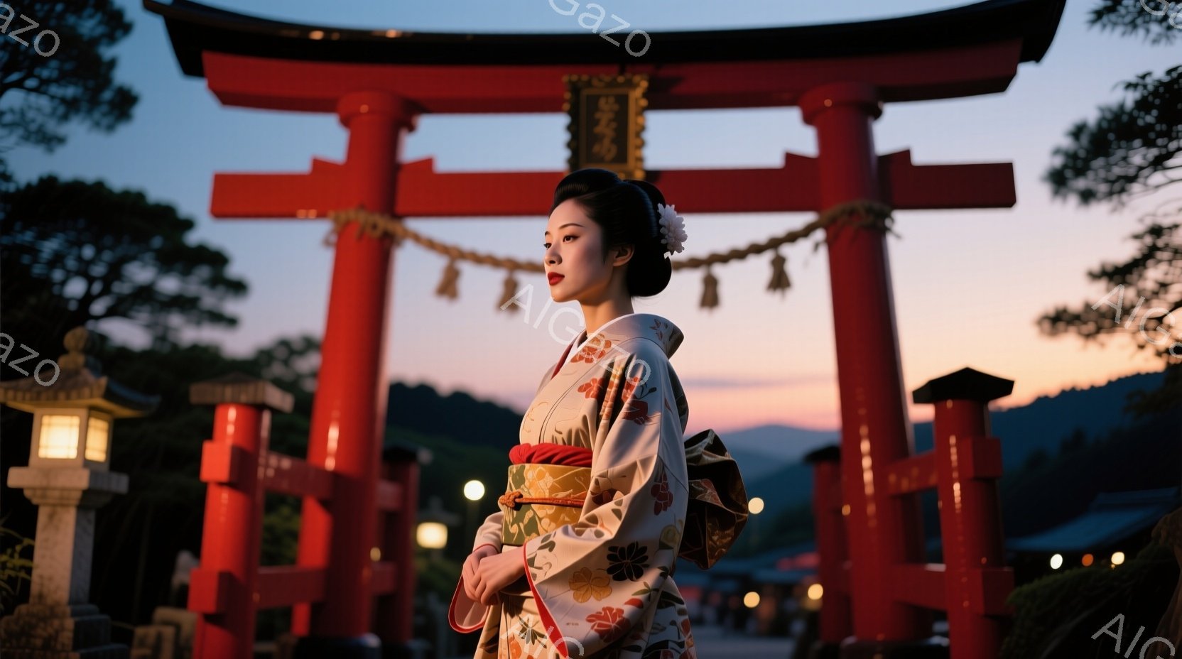 鮮やかな朱色の鳥居を背景に、白地に桜や橘模様が描かれた上品な着物を着た女性が立っている。髪は伝統的な髷に結い上げられ、顔には薄化粧が施され、凛とした表情を浮かべている。夕暮れ時の空と緑豊かな山々、そして石灯籠が、幻想的で静謐な雰囲気を醸し出している。