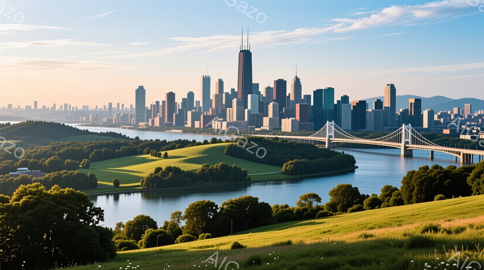広大な緑の丘陵地帯が広がり、その奥にシカゴの摩天楼がそびえ立っている。河川が丘陵地を蛇行し、美しいアーチ橋が架かっている。空は晴れ渡り、穏やかな光が丘陵と都市全体を照らし、平和で穏やかな雰囲気を醸し出している。