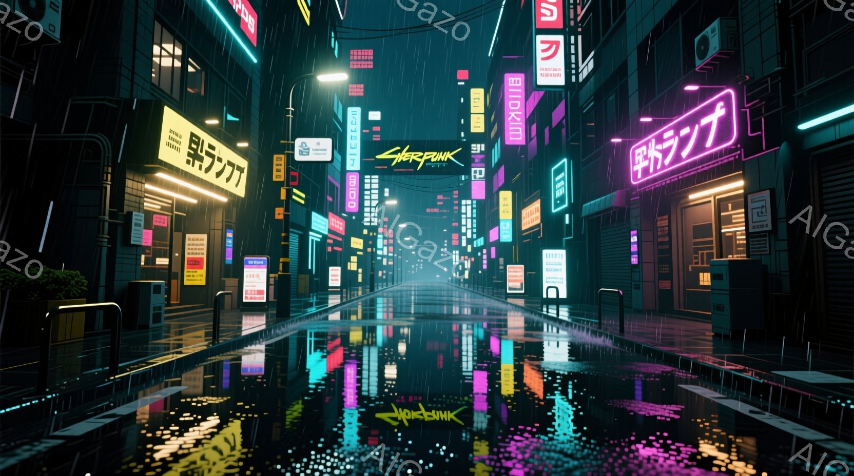 夜の都市の通りが雨に濡れ、ネオンサインが水面に反射して鮮やかな光景を作り出している。高層ビルが両側に立ち並び、その壁には漢字やカタカナの看板が並び、未来的な雰囲気を醸し出している。全体的に湿った空気と、都会の喧騒が感じられる静かで幻想的な光景である。