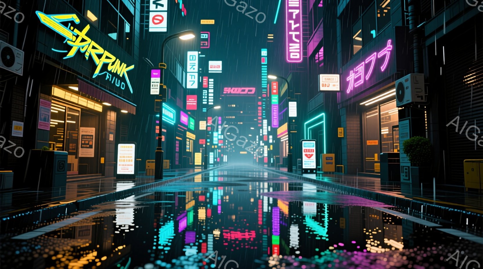 濡れたアスファルトの道路が、ネオンサインの光を反射して幻想的な光景を作り出している。高層ビルが立ち並び、雨が降りしきるサイバーパンク都市の夜景で、看板には日本語の文字も含まれている。全体的に、退廃的でありながらも活気のある、未来都市の雰囲気を感じさせる。