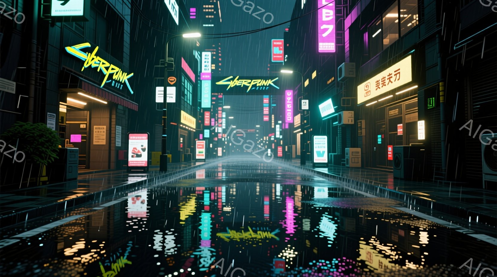 雨が降りしきる夜の未来都市の通りが描かれている。ネオンサインが路面に反射し、サイバーパンク調の雰囲気を強調している。高い建物が両側に立ち並び、未来的な看板や広告が街を彩っている。
