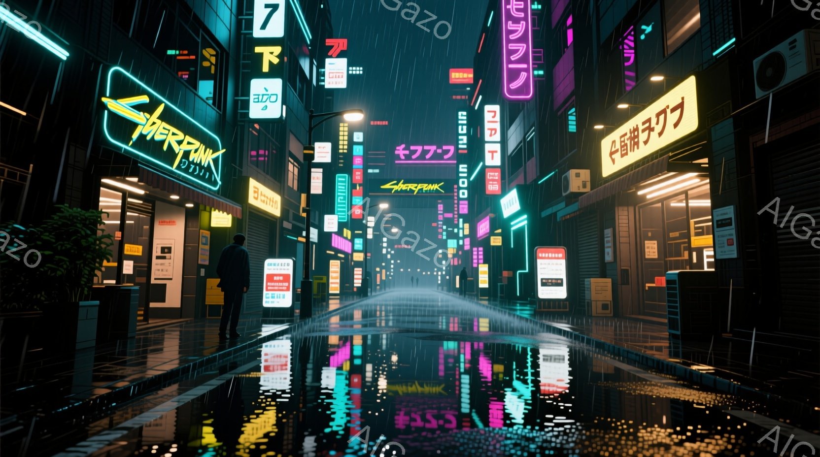 濡れた路面にネオンサインが反射する、未来都市の夜の光景だ。黒いコートを着た男性が、路地の奥へと歩いており、その姿は少し寂しげに見える。高層ビルが立ち並び、雨が降りしきる中、サイバーパンクな雰囲気が漂っている。
