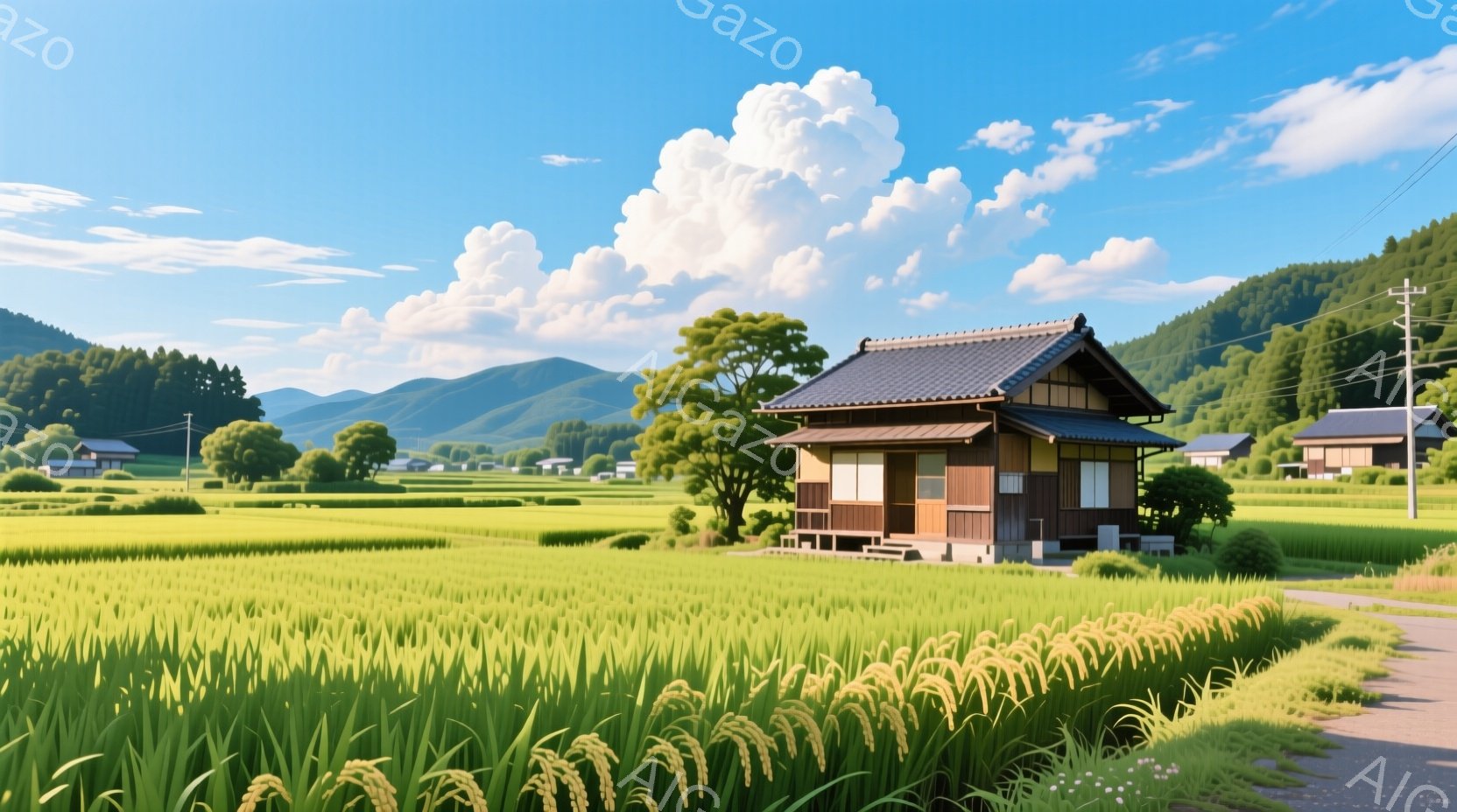 広大な水田に囲まれた日本の伝統的な家屋が印象的な風景です。青々とした稲穂が豊穣さを象徴し、背景には緑豊かな山々と白い雲が広がっています。穏やかな日差しと鮮やかな色彩が、日本の田園風景の平和で美しい雰囲 - AI生成フリー素材