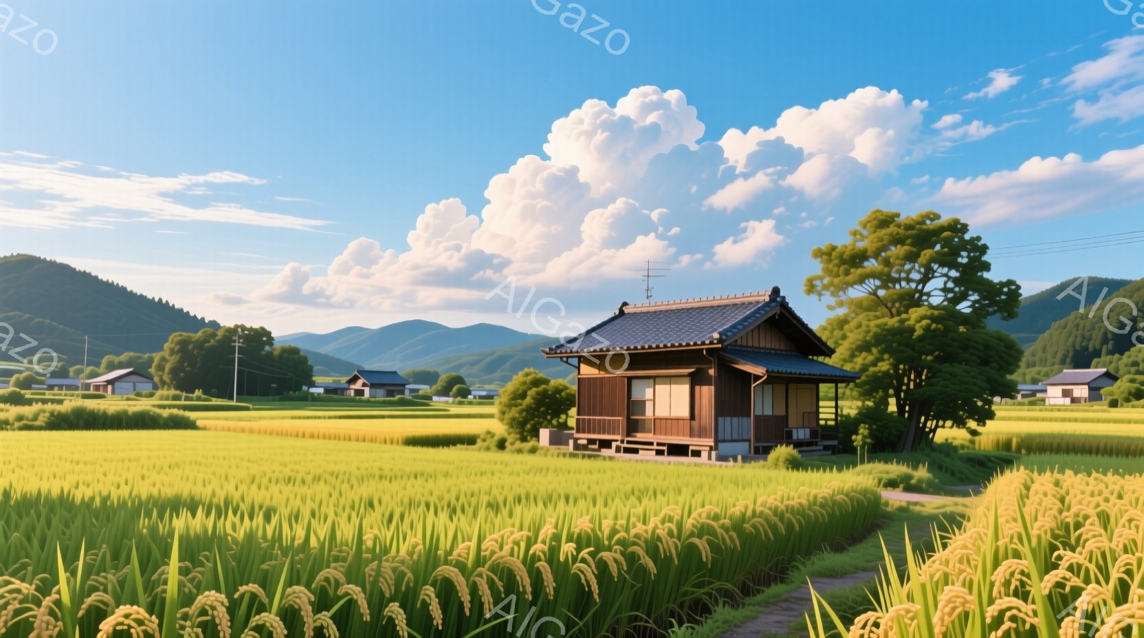 広大な稲田の中に、趣のある木造の家屋が佇んでいます。青空と白い雲が広がり、家屋の周りには緑豊かな木々が生い茂り、日本の田園風景を象徴する穏やかで平和な雰囲気を醸し出しています。遠景には他の家屋や山々が - AI生成フリー素材