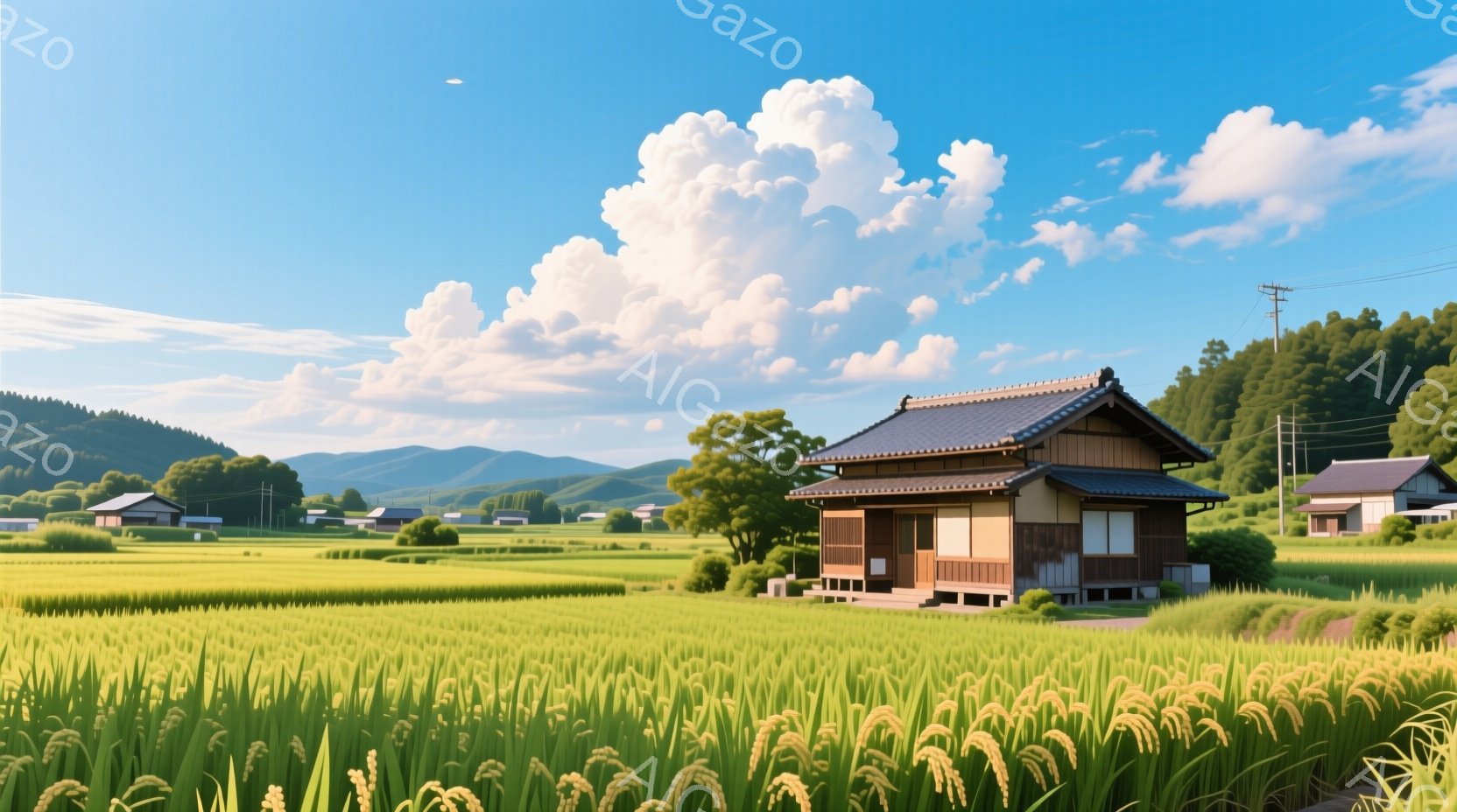 広々とした黄金色の稲穂が広がる田園風景の中に、伝統的な日本の家屋が佇んでいます。青空には白い雲が浮かび、背景には緑豊かな山々が連なり、日本の原風景を思わせる穏やかな雰囲気が漂っています。家屋は木造で、屋根には瓦が葺かれ、自然と調和した静けさが感じられます。