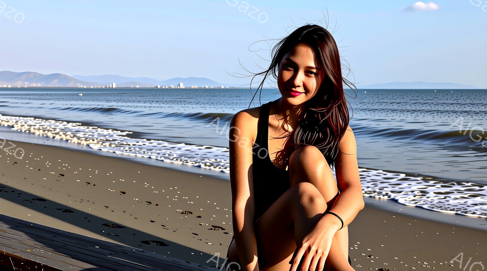 海岸で女性が座っており、日焼けした肌と茶色の髪が印象的です。彼女は黒いビキニのような水着を着ており、膝を抱え、少し微笑んでいます。背景には穏やかな海、遠くには建物が見え、晴れた日のリラックスした雰囲気 - AI生成フリー素材