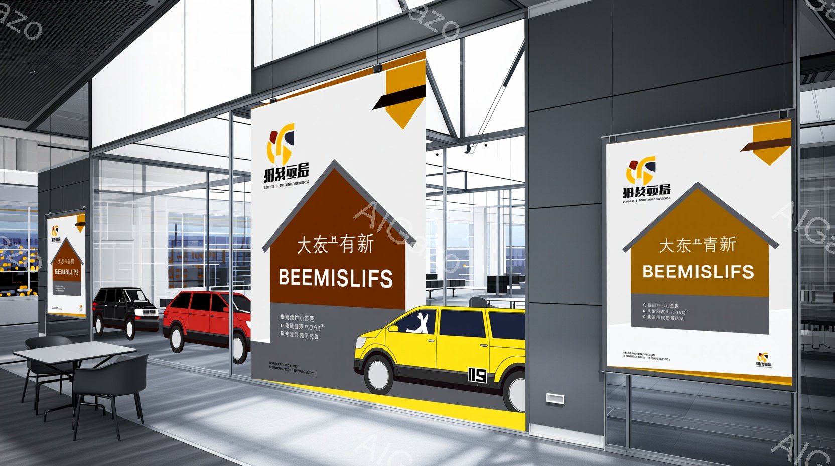 展示スペースには、赤、黄、グレーの車が並べられています。背景には大きな広告バナーが設置されており、「BEEMISLIFE」と書かれています。全体的に明るくモダンな雰囲気で、自動車展示会やショールームの様子を捉えています。