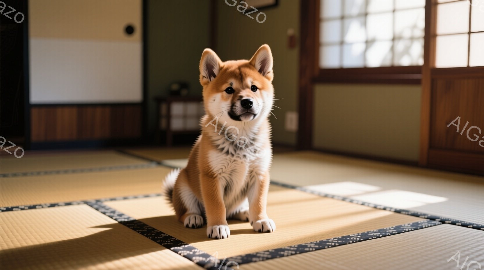 畳の上に座っている柴犬の子犬が写っている。子犬は明るいクリーム色と赤茶色の毛並みで、前足を揃えて座り、まっすぐカメラを見つめている。背景には木製の建具が見え、部屋全体が穏やかで温かい雰囲気である。