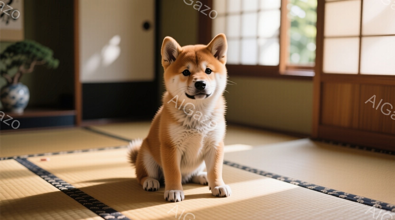 鮮やかな赤毛の柴犬が畳の上に座っており、前足を少し前に出して可愛らしいポーズをとっています。背景には木製の建具と柔らかな光が差し込む障子が見え、落ち着いた和の空間を演出しています。犬の表情は穏やかで、 - AI生成フリー素材