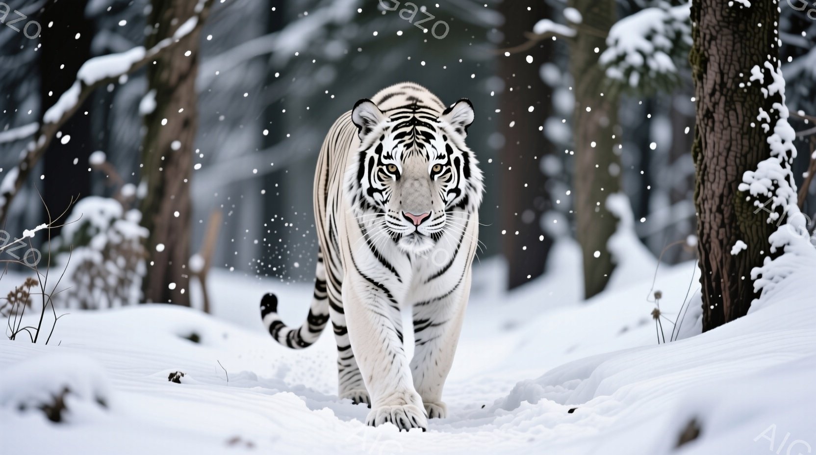 白い雪景色の中に、ベンガルトラが正面をまっすぐ見つめて歩いている。その体格は堂々としており、力強く、雪原に映える縞模様が特徴的である。背景には雪をまとった木々がそびえ立ち、冬の静寂と野生の力強さを感じさせる。