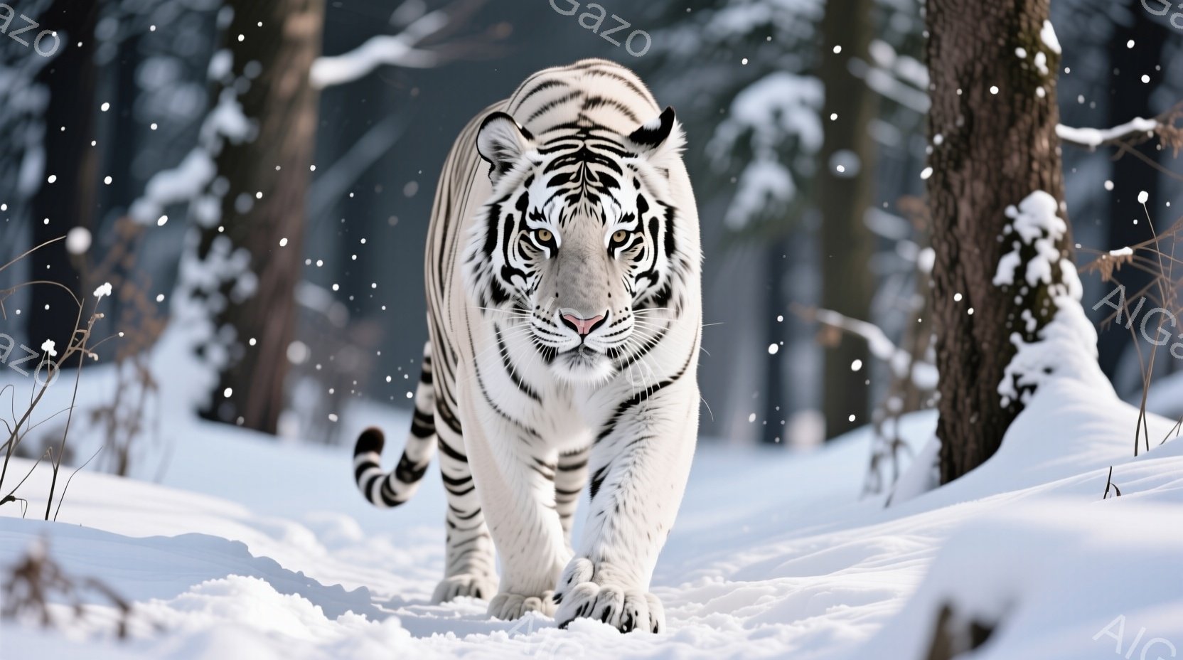 大型のチタンが雪中を歩き、探究的な表情をしている。身体は低く前進する姿勢で、背景には白い雪と沈静な森林がある。全体の印象は珍しさと清らかさを持った冬の風情。