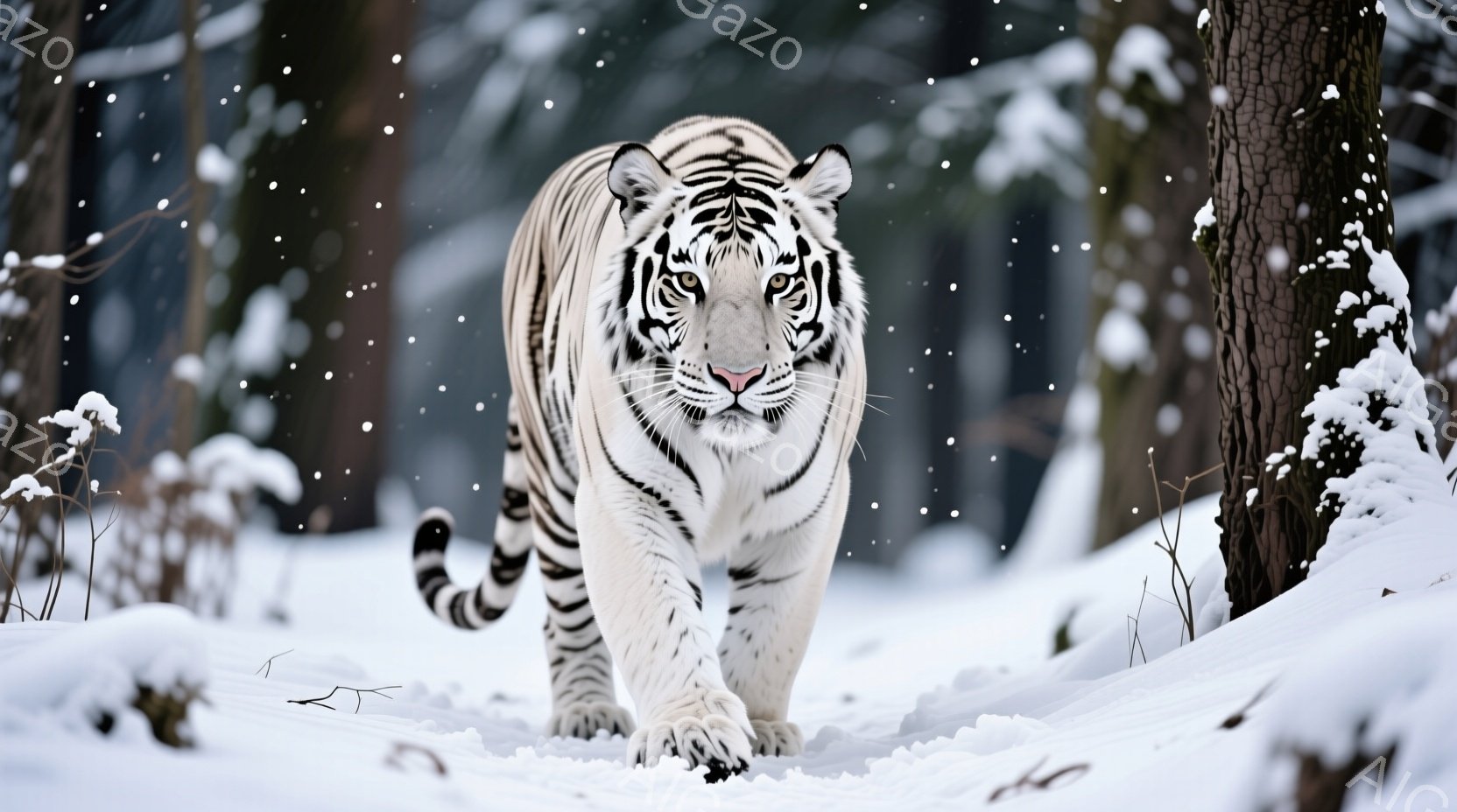 白虎が雪に覆われた森の中を堂々と歩いている。その毛並みは白を基調とし、黒い縞模様が特徴的で、力強く美しい姿を際立たせている。背景には雪化粧した木々がそびえ立ち、静寂な冬の森の雰囲気を醸し出している。