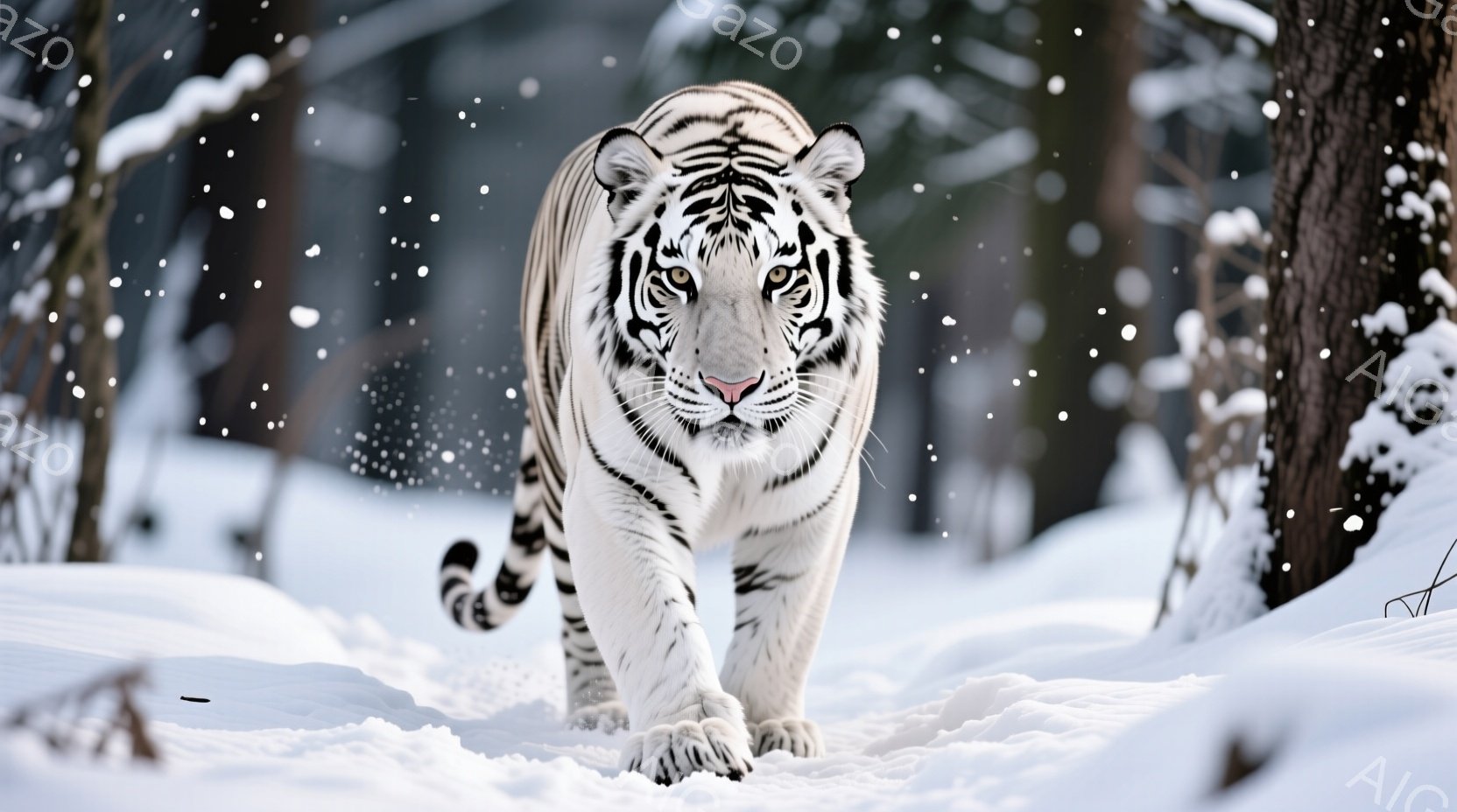 雪が降り注ぎ、白いタイガーが森を行進する。タイガーは大きな対角線の形で歩く。