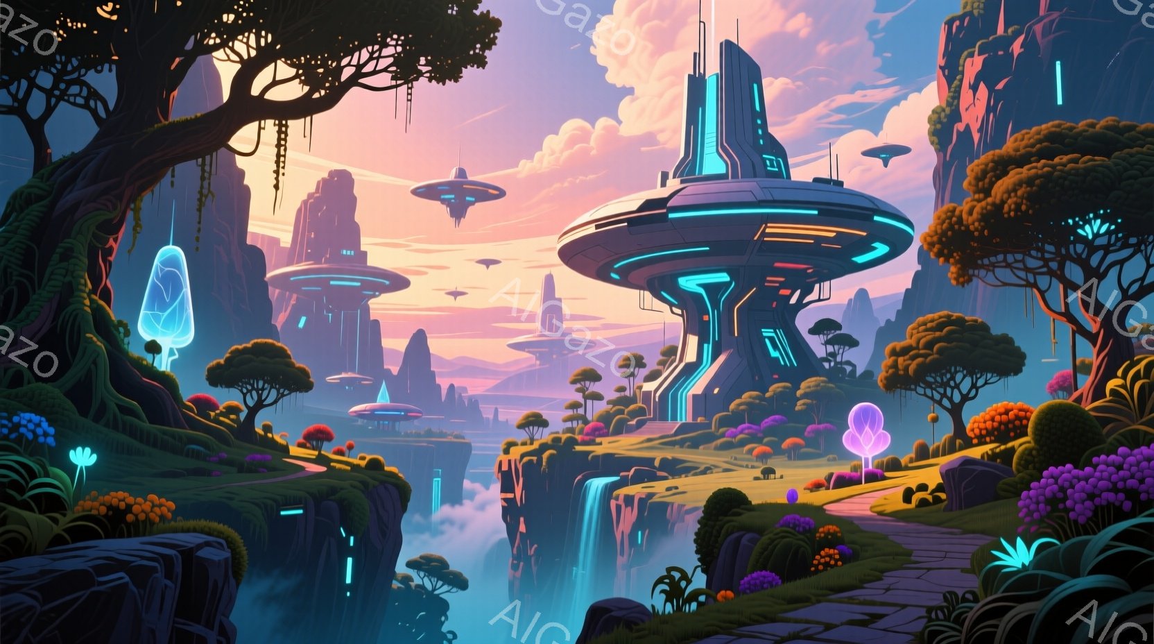 鮮やかな色彩のファンタジックな風景が広がっている。断崖絶壁の上に未来的な建物が立ち並び、滝が流れ落ちる緑豊かな自然と融合している。空にはUFOのような飛行物体が浮かび、夕焼け空が幻想的な雰囲気を醸し出している。