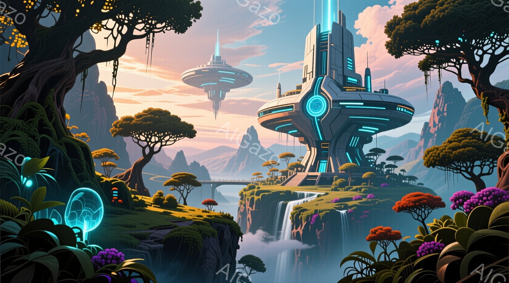 巨大な滝が流れ落ちる緑豊かな崖の上に、未来的な建造物がそびえ立っています。周囲には独特の赤い花を咲かせた樹木が生い茂り、遠くには山々と、空中に浮かぶ円盤状の構造物が見えます。全体的に幻想的で神秘的な雰囲気を漂わせ、異世界への入り口のような景観です。