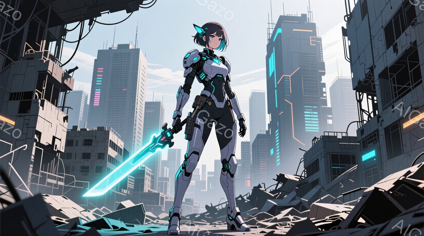 未来的な都市の瓦礫の中に立つ女性が描かれています。彼女は黒髪のショートヘアで、白い装甲と黒い戦闘服を身につけ、光る青い剣を構えています。背景には高層ビルが立ち並び、空は晴天ですが、周囲は破壊された瓦礫で覆われ、緊張感と未来的な雰囲気が漂います。