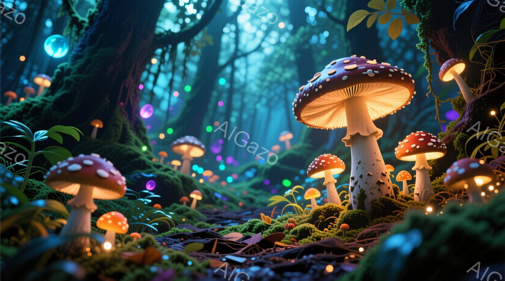 深い森の中で、様々な大きさのキノコが幻想的な光を放ちながら生い茂っています。赤と白のまだら模様の大きなキノコが特に目を引き、周囲には小さなオレンジや紫色のキノコが点在し、まるで妖精が住む世界のような雰囲気です。背景は暗い緑色で覆われ、光の粒子が漂うことで神秘的な雰囲気が強調されています。