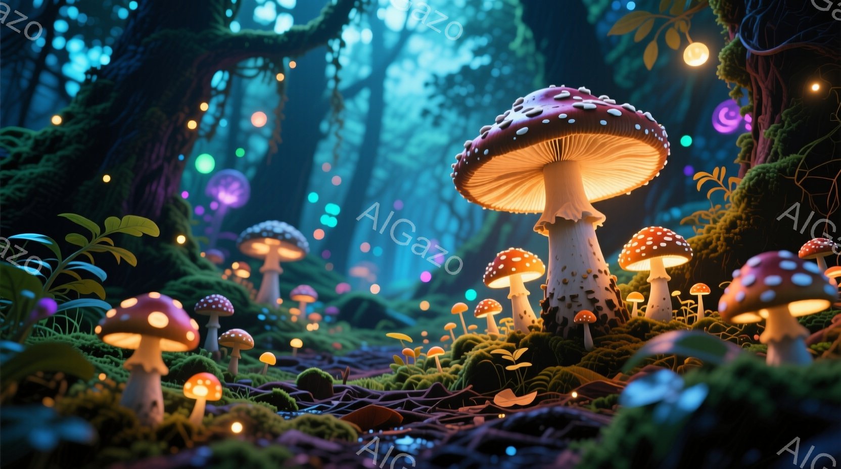 鮮やかなキノコが群生する幻想的な森の風景です。大きな赤いキノコは光を放ち、周囲の緑豊かな苔や植物を照らしています。背景には暗い木々が立ち並び、小さな光の玉が漂うことで、神秘的で夢のような雰囲気を醸し出 - AI生成フリー素材