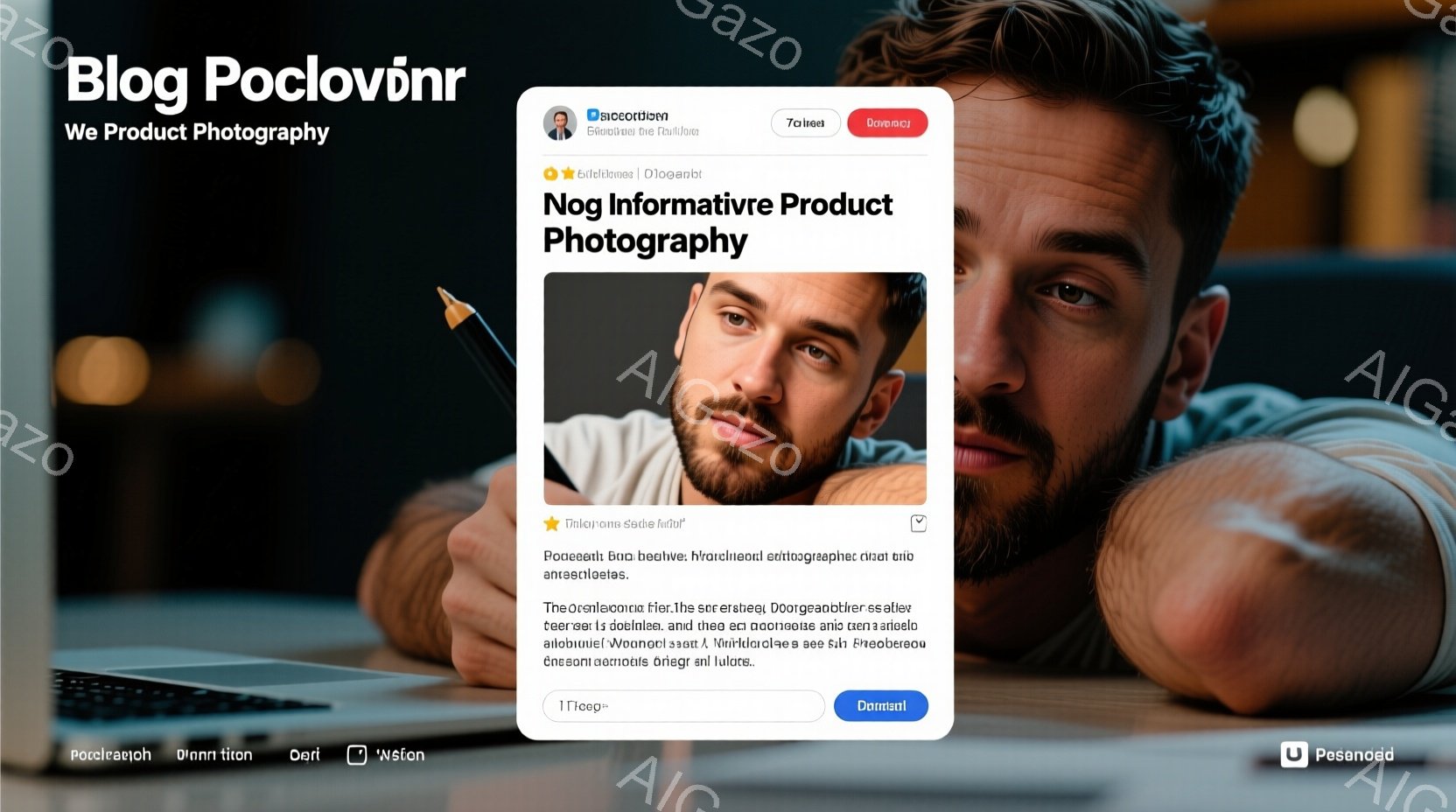ブロンドの髪の男性が正面を向いて写っており、青い背景に白のシャツを着ています。彼はわずかに微笑んでおり、リラックスした表情をしています。背景にはぼやけた都市の風景が見え、全体的に明るく現代的な雰囲気です。