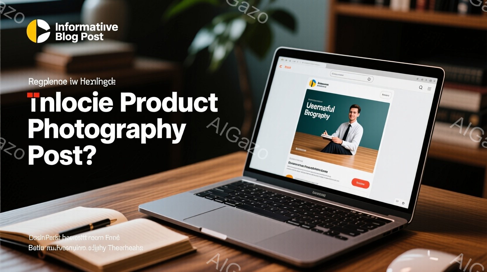 ノートパソコンの画面には、明るい背景に身なり整った男性の画像が表示されており、彼は自信に満ちた表情でカメラを見つめています。デスクトップには黒いペンとノートが置かれ、背景には緑の植物が見え、モダンで洗練された雰囲気のオフィスまたは自宅の環境を示唆しています。全体的に、プロフェッショナルでインスピレーションを与えるような、ビジネスや自己啓発に関連するイメージです。
