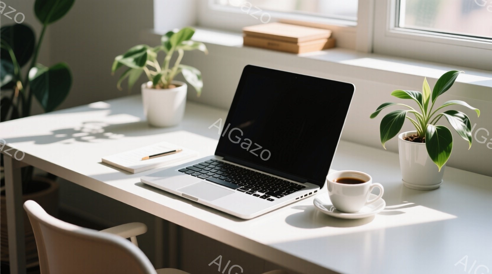 白い机の上に、開いたノートパソコン、コーヒーカップ、そして植物が置かれています。窓から差し込む柔らかな光が、机の一部を照らし、穏やかな雰囲気を醸し出しています。シンプルでミニマリストな構成が、集中と安 - AI生成フリー素材