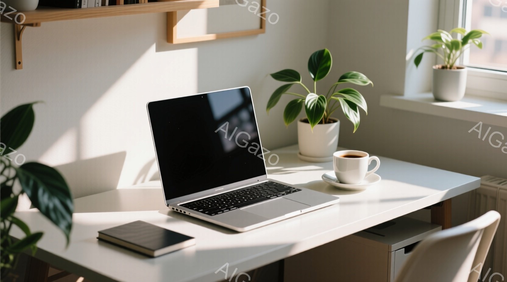 白い机の上には、開いたノートパソコン、黒いノート、そしてカップに入ったコーヒーが置かれている。窓から差し込む光が机の上を照らし、壁には棚が設置されている。全体的に、シンプルで清潔感のある、穏やかな作業 - AI生成フリー素材