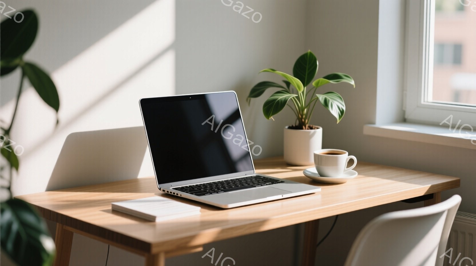 人は座っていないため、髪型や服装が見えない。デスクの上にオープン状態のラップトップコンピュータがある。背景には窓と建物が見え、印象は明るく、リラックスした空間です。 - AI生成フリー素材