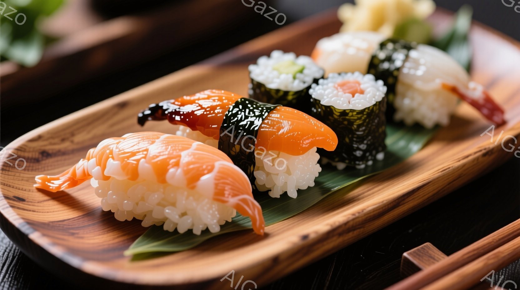 盛り合わせの握り寿司が、木製の皿に美しく盛り付けられています。エビ、マグロ、キュウリなどの具材が、シャリと海苔に包まれ、鮮やかな色彩が食欲をそそります。背景には、竹製のコースターが見え、落ち着いた雰囲気の中で寿司を楽しむ様子が伺えます。