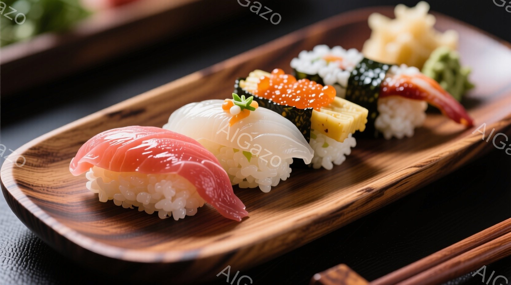 浅い木製の皿に、様々な寿司が並べられています。マグロ、イカ、キャビアとカニカマ、エビなどのネタがライスの上に乗り、鮮やかな色彩が食欲をそそります。背景は暗く、お箸が添えられており、本格的な寿司料理の雰囲気を醸し出しています。