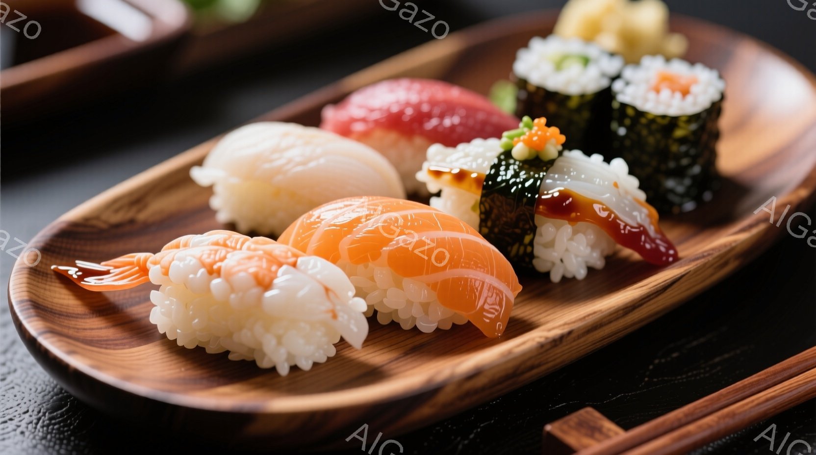 漆塗りの皿に、様々な寿司が並べられています。サーモン、エビ、マグロ、そして海苔巻きなど、色とりどりの寿司が美しく盛り付けられ、食欲をそそります。背景にはぼかした箸と皿が見え、寿司に焦点を当てた落ち着いた雰囲気を醸し出しています。