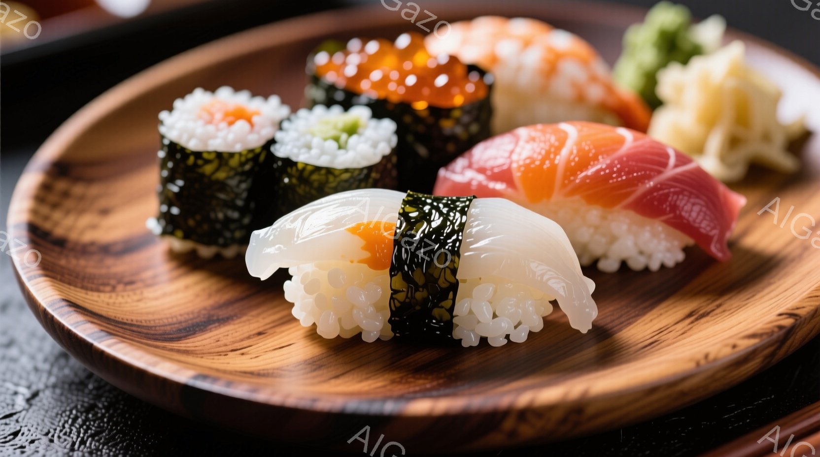 盛り付けられた寿司の鮮やかな写真です。様々な種類の握り寿司と巻き寿司が、木製の皿の上に美しく並べられています。背景は暗く、寿司の色彩が際立ち、食欲をそそる雰囲気を醸し出しています。