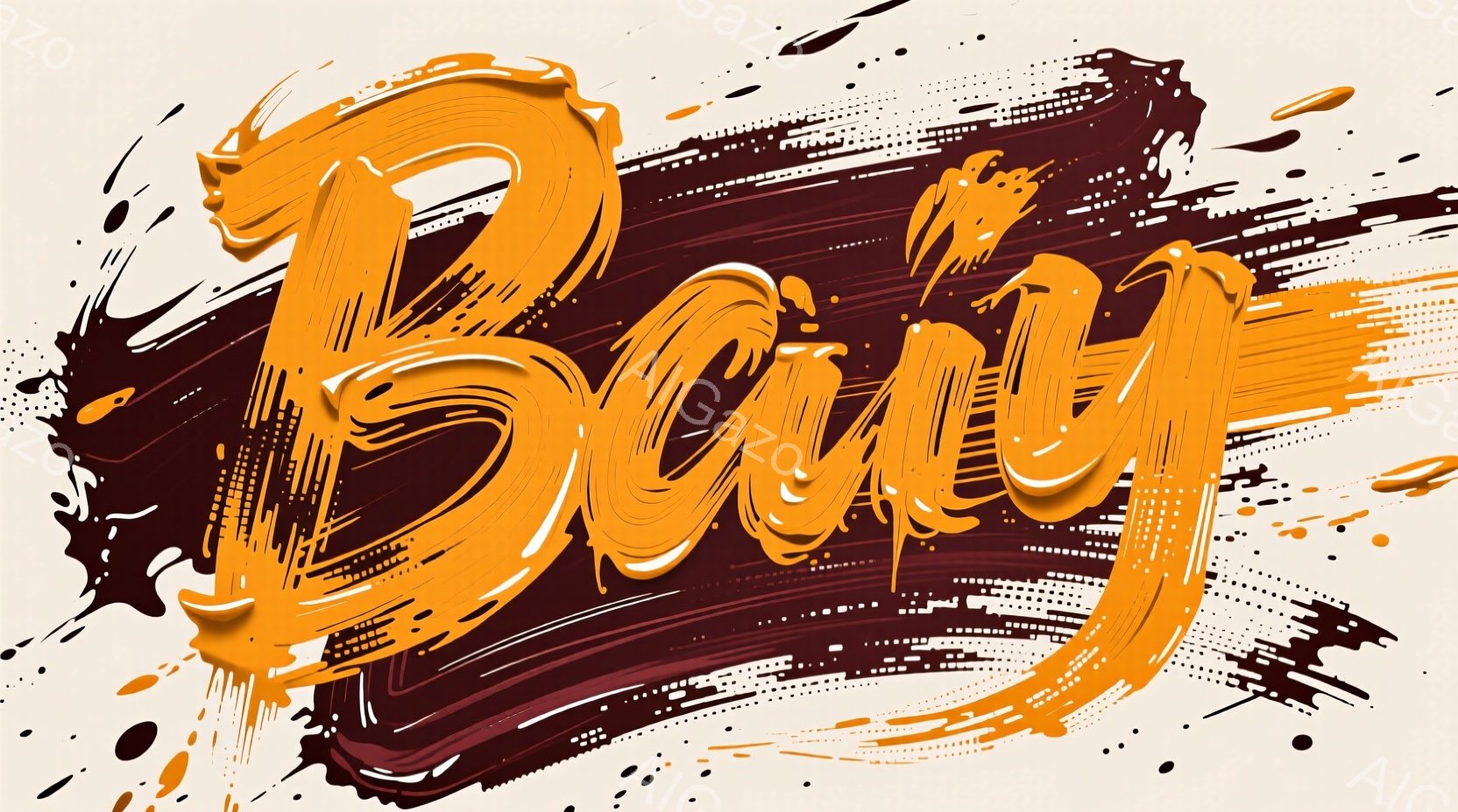 鮮やかなオレンジと茶色の筆文字が、キャンバス全体に大胆に描かれています。文字は曲線的で力強く、周囲にはインクが飛んだようなダイナミックなスプラッター模様が散りばめられています。背景は淡いベージュ色で、文字のコントラストを際立たせています。