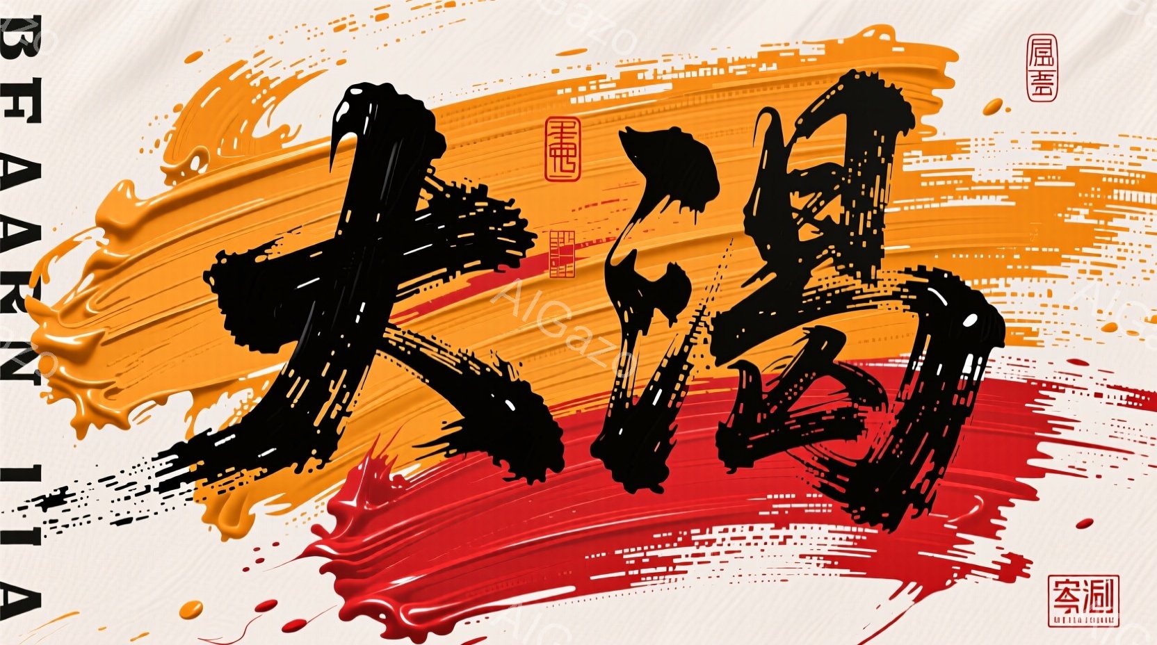 墨色の大きな書体が画面を占め、背景には赤と黄色のインクが大胆に飛び散る抽象的な表現が広がっている。筆致は力強く、躍動感があり、まるで墨絵のような趣を呈している。全体として、激しい感情やエネルギーを視覚的に表現した、ダイナミックな作品である。