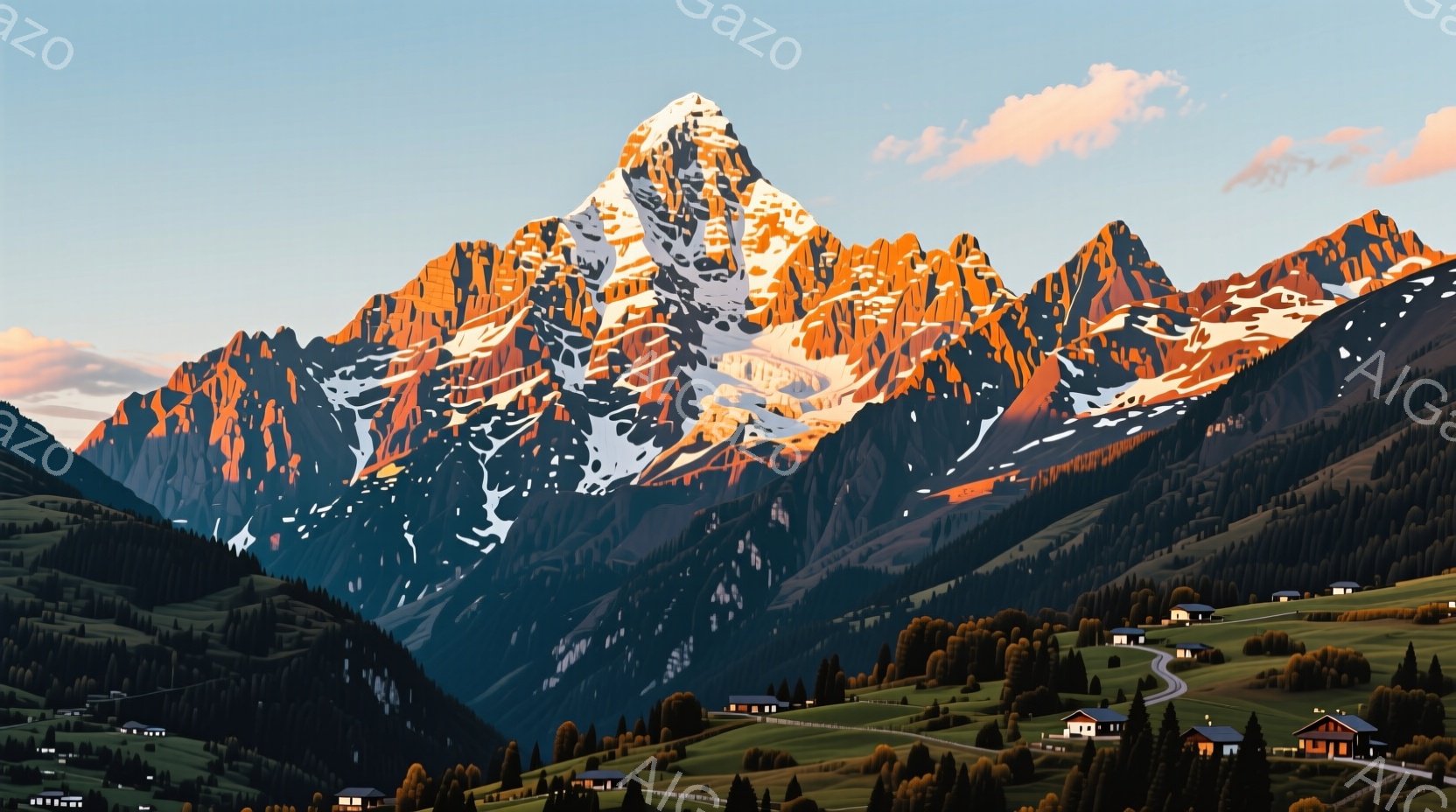 険しい山々が夕日に照らされ、山頂は暖色系のオレンジと白で輝いている。麓には緑豊かな森林と点在する家々があり、穏やかな田園風景と山の雄大さが対照的である。全体的に暖かく、静かで、自然の美しさを際立たせる雰囲気である。