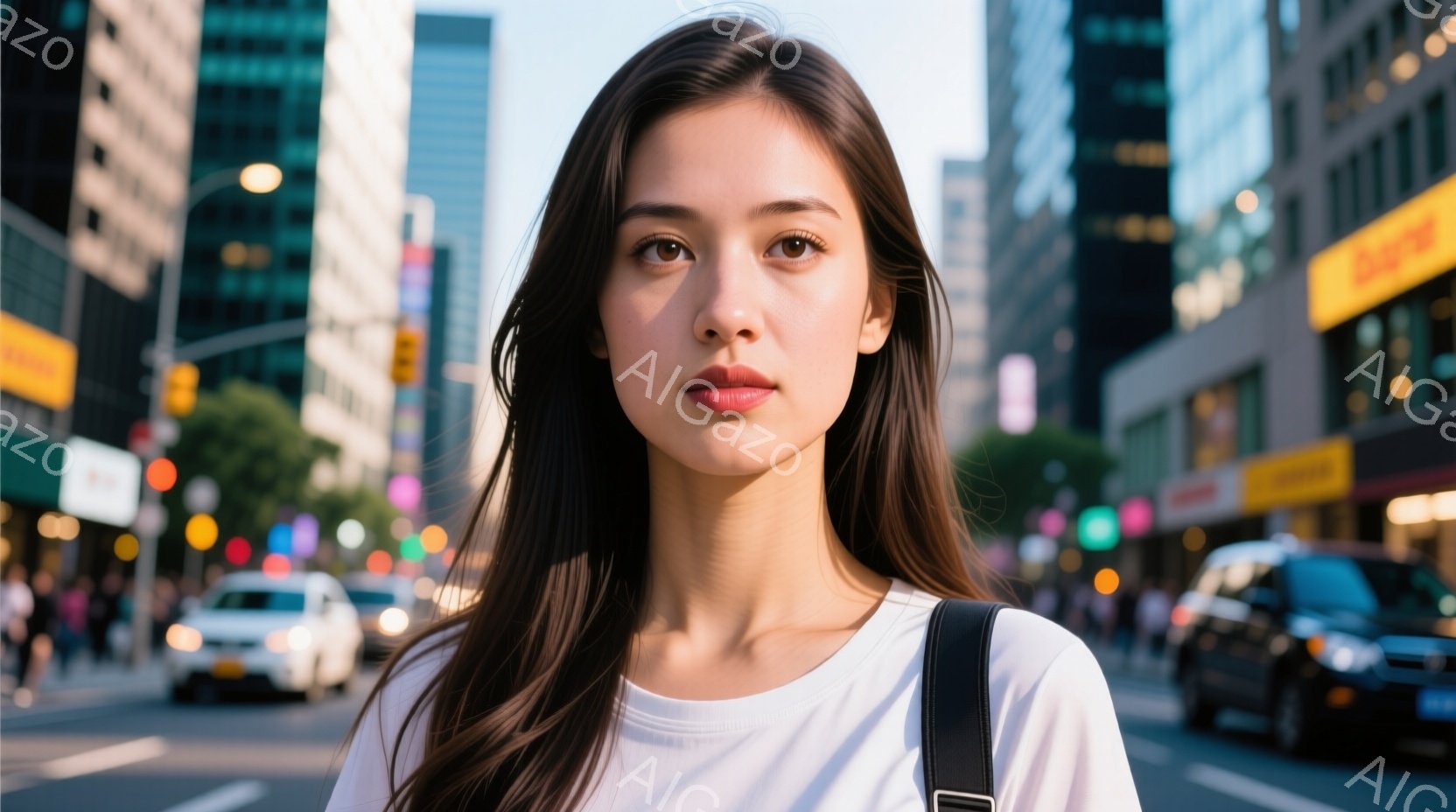 長い黒髪をセンターパートにした女性が、白いTシャツを着て正面を見つめている。彼女は肩に黒いバッグを掛けており、表情は穏やかで少し微笑んでいるように見える。背景には高層ビルが立ち並び、車の往来があり、賑 - AI生成フリー素材