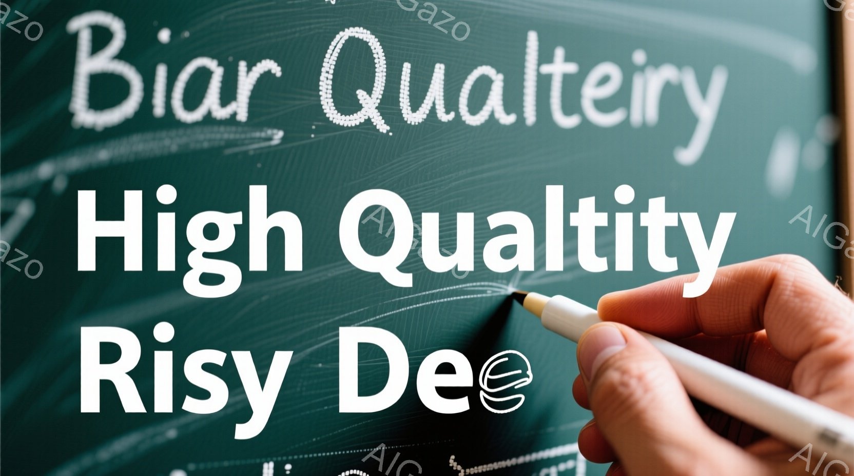 深緑色の背景に、白いチョークで書かれた「Risy Dee」と「High Quality」という文字が大きく描かれています。右下には、チョークを持っている人の手が写っており、文字の一部に影が落ちています。 全体的に、手書きの文字が強調され、チョークの質感と色合いが印象的な画像です。