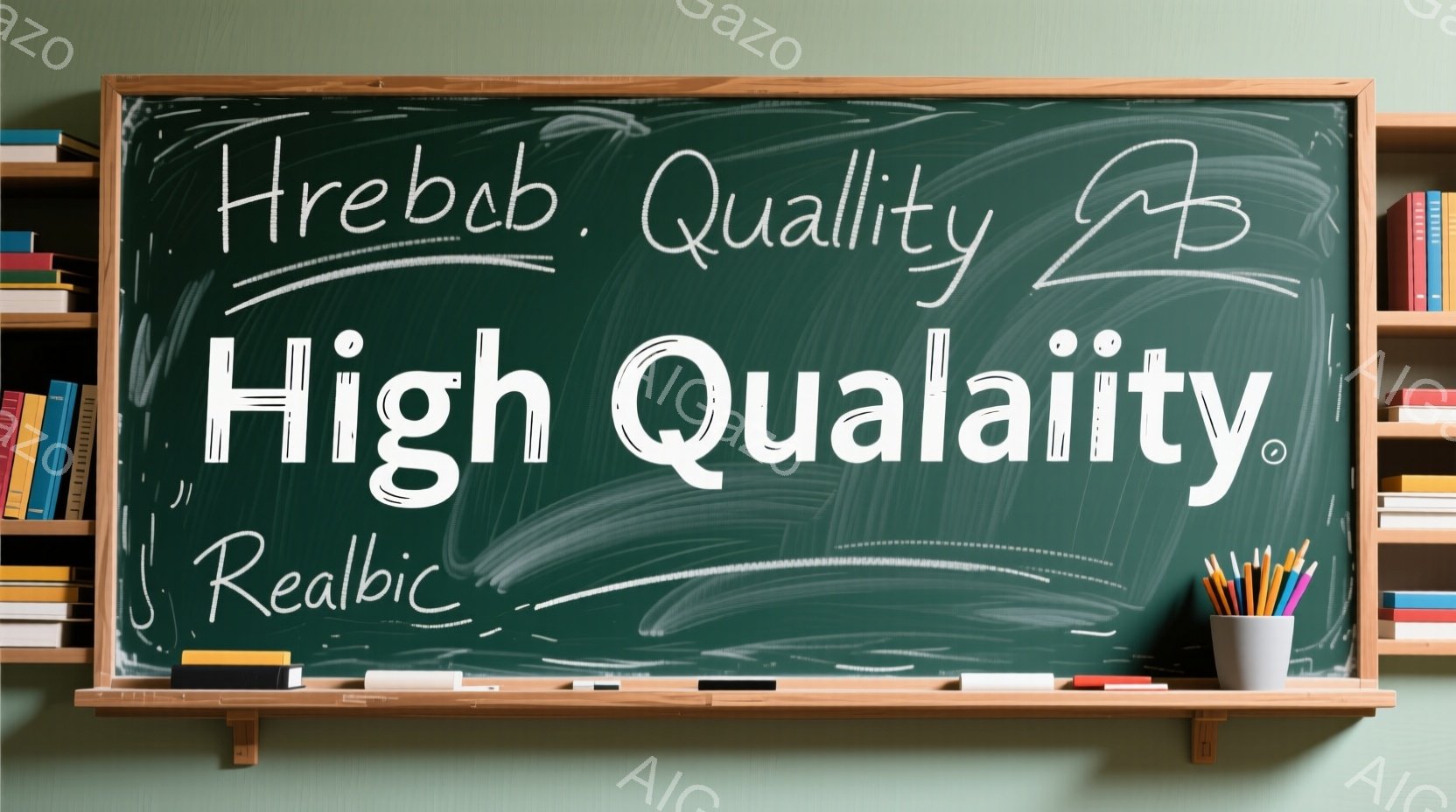 黒板が茶色の木の枠で囲まれており、上部に「Hrebc」と「Quality」という文字が手書きで書かれています。黒板の下部には、「Realbic」という別の単語が書かれており、背景には緑色の壁と本棚があり、本や色鉛筆が置かれています。 全体的な雰囲気は教室や学習環境を連想させ、教育的なテーマを示唆しています。