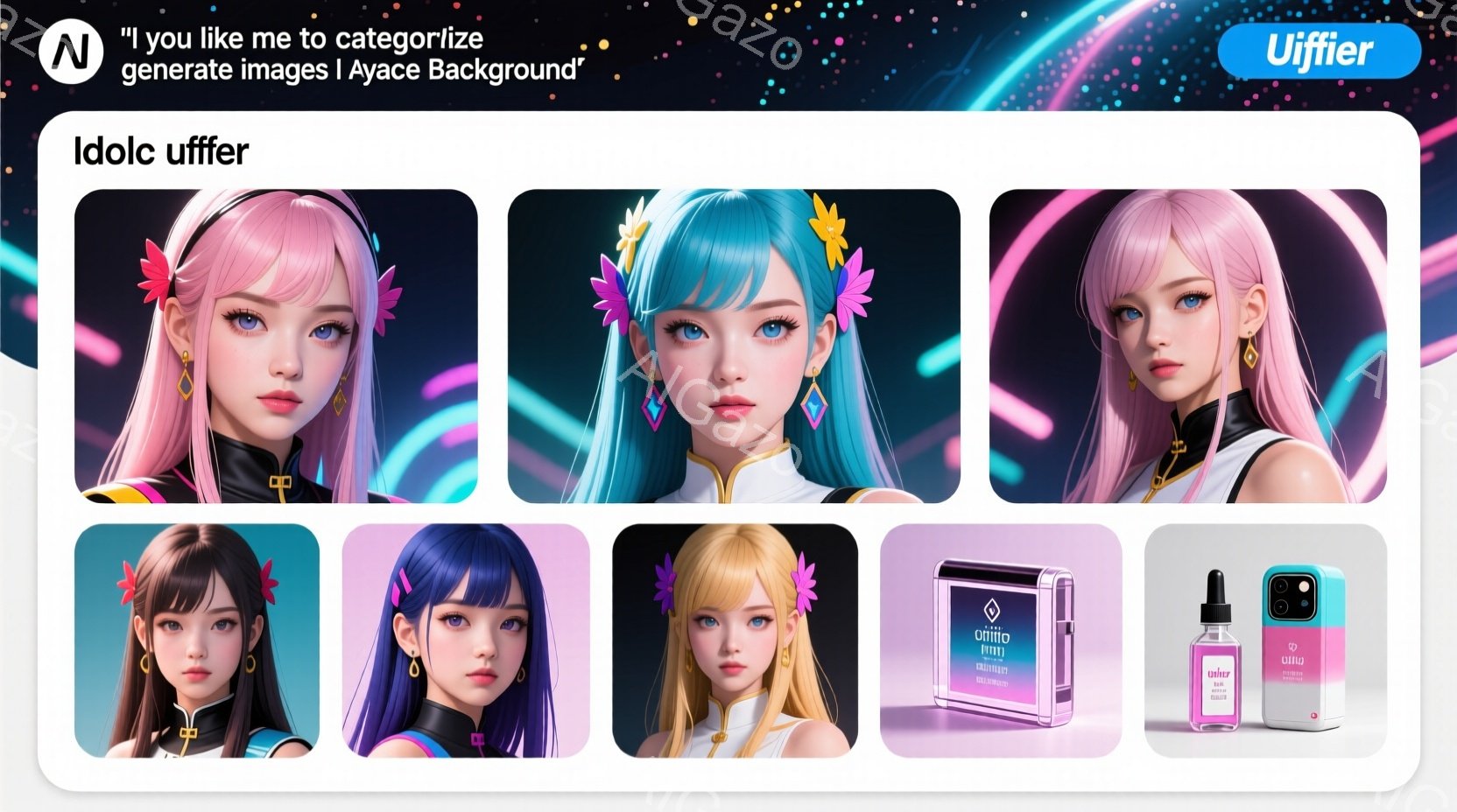 複数の画像が並んでおり、若い女性モデルがそれぞれ異なるヘアスタイルと服装でポーズをとっています。彼女たちは明るい色調の衣装を身に着け、アニメ風の表現で描かれています。背景には、鮮やかなグラデーションと抽象的なデザインがあり、商品パッケージも含まれています。