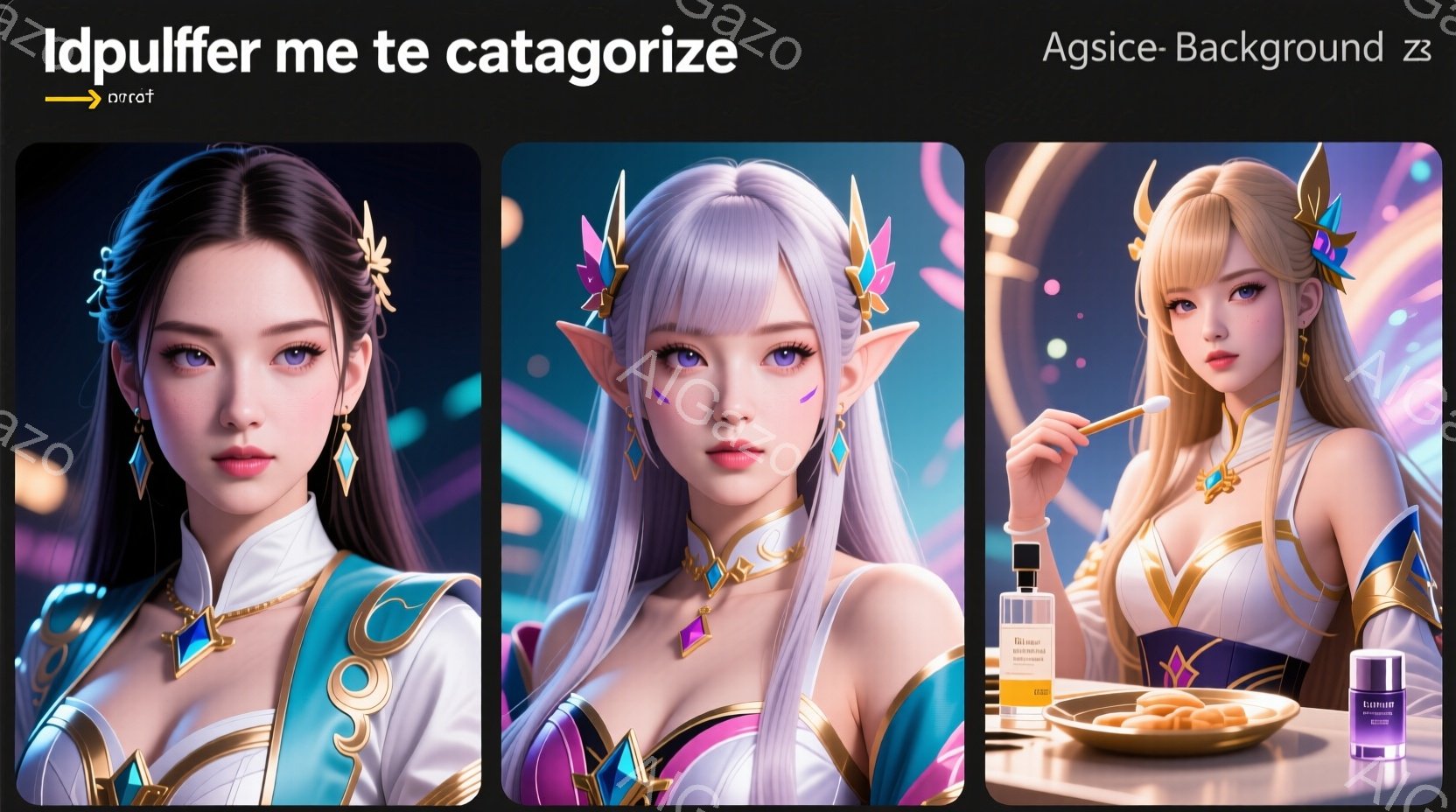 白い髪と紫の瞳を持つ若い女性が描かれています。彼女はファンタジー風の青いドレスと金色の装飾を身に着け、片手を差し伸べています。背景には、ぼやけた光の粒子と化粧品の商品が配置され、華やかで夢幻的な雰囲気を醸し出しています。