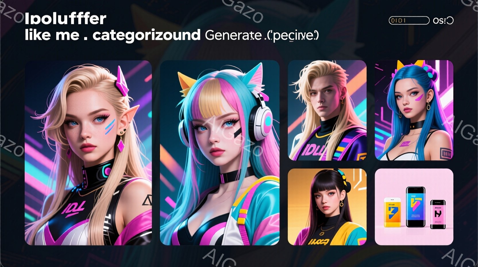 未来的な背景の中で、ヘッドフォンを装着した若い女性をフィーチャーしています。彼女はピンクと紫のストリークが入ったブロンドのポニーテールで、未来的な黒とピンクのジャケットとハイネックのトップスを着ています。彼女は自信に満ちた表情で、片手を腰に当ててポーズをとっており、背景には都市のネオンライトが輝いています。