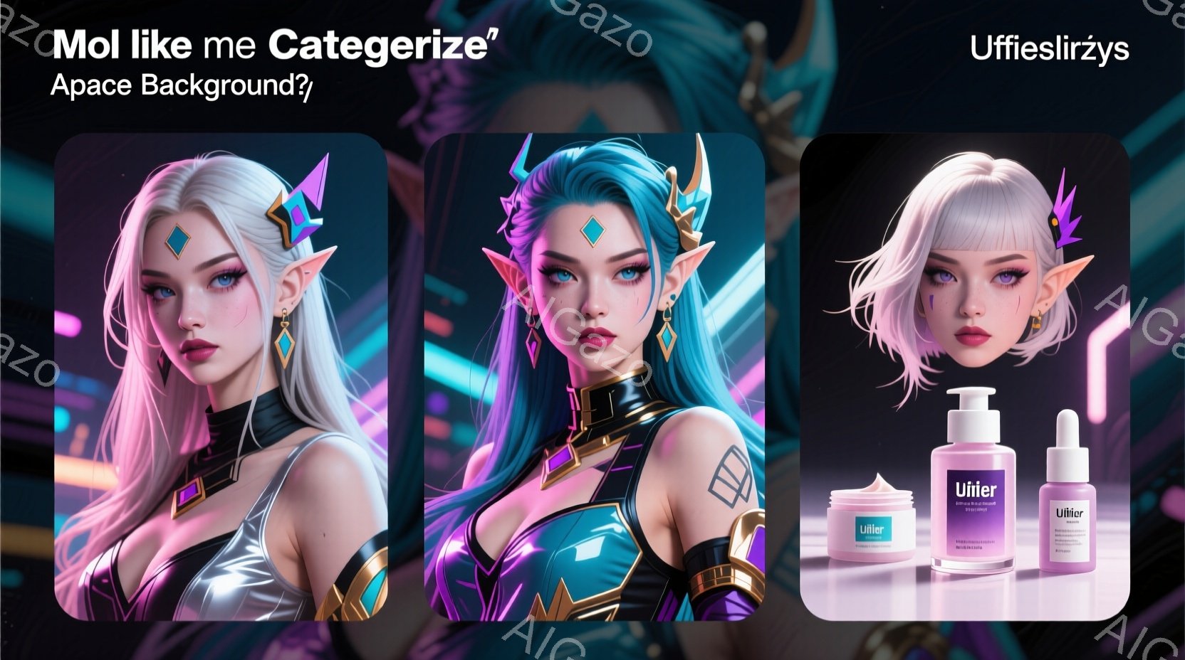 金髪でエメラルドグリーンの目をした女性が描かれています。彼女は、金と黒の装飾が施された、未来的な青いドレスを着ており、髪は高く結い上げられています。背景はネオンライトが輝く未来都市のようです。