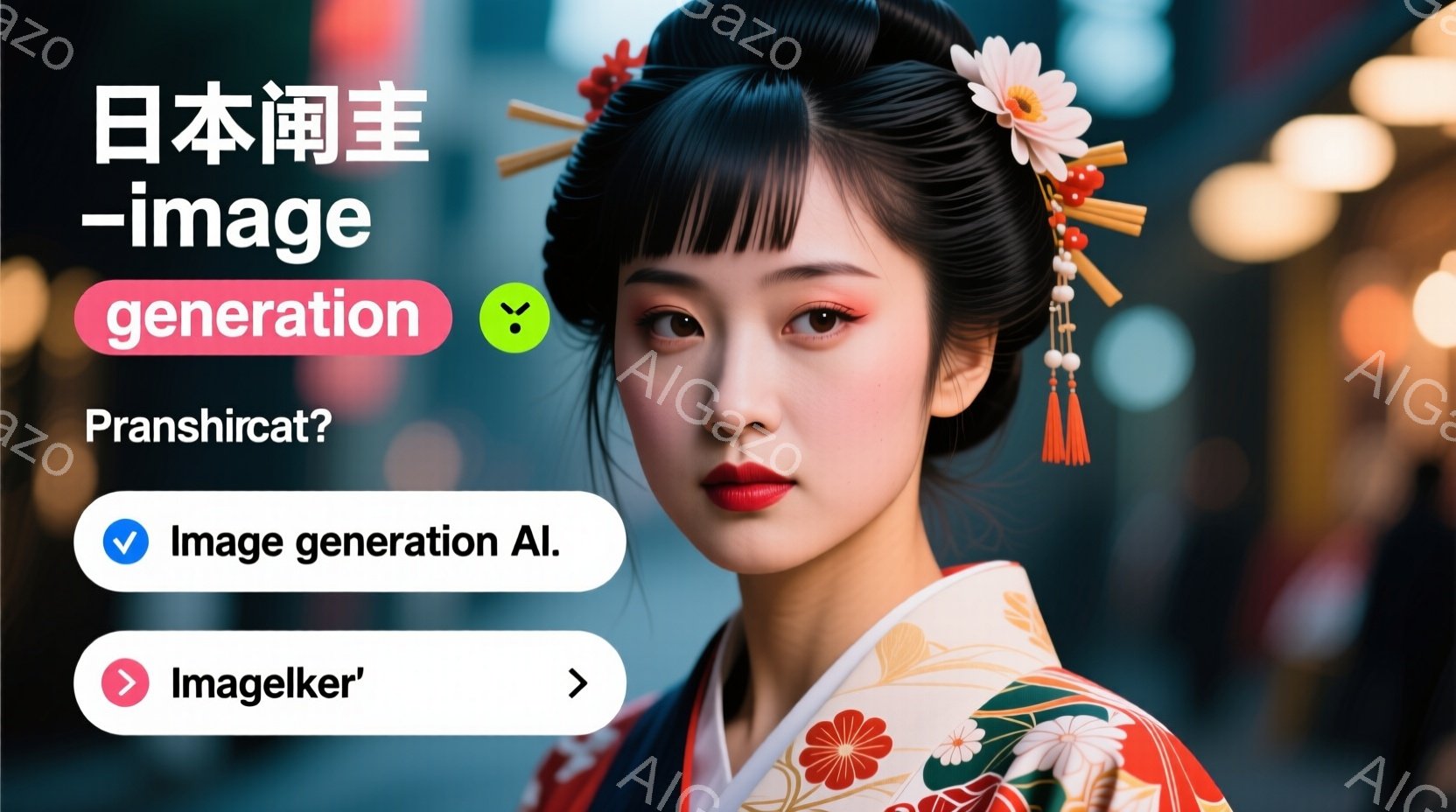 鮮やかな赤い着物を着た若い女性が写っている。髪は黒く、伝統的な日本髪に整えられ、華やかな髪飾りをつけている。彼女は微笑んでおり、落ち着いた上品な雰囲気を醸し出している。