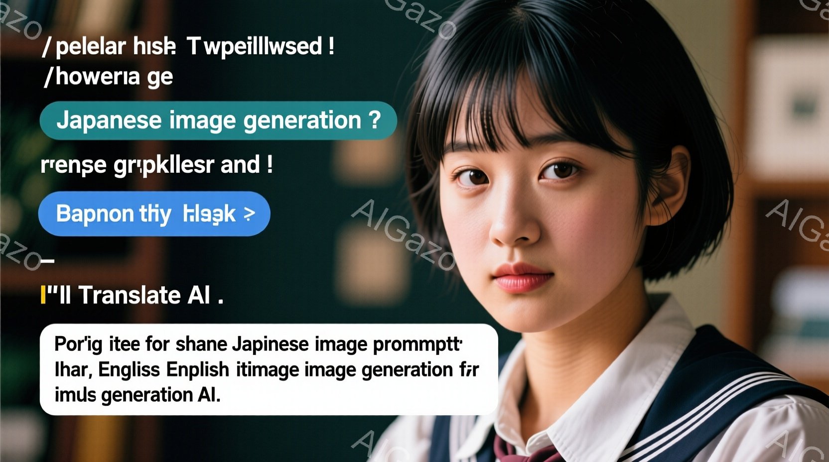 制服姿の若い女性が、少し下を向いた表情で立っています。彼女は紺色のブレザーに白のシャツ、赤いネクタイを着用しており、茶色のストレートヘアが肩にかかっています。背景には、ぼやけた建物の窓や緑が見え、学校 - AI生成フリー素材