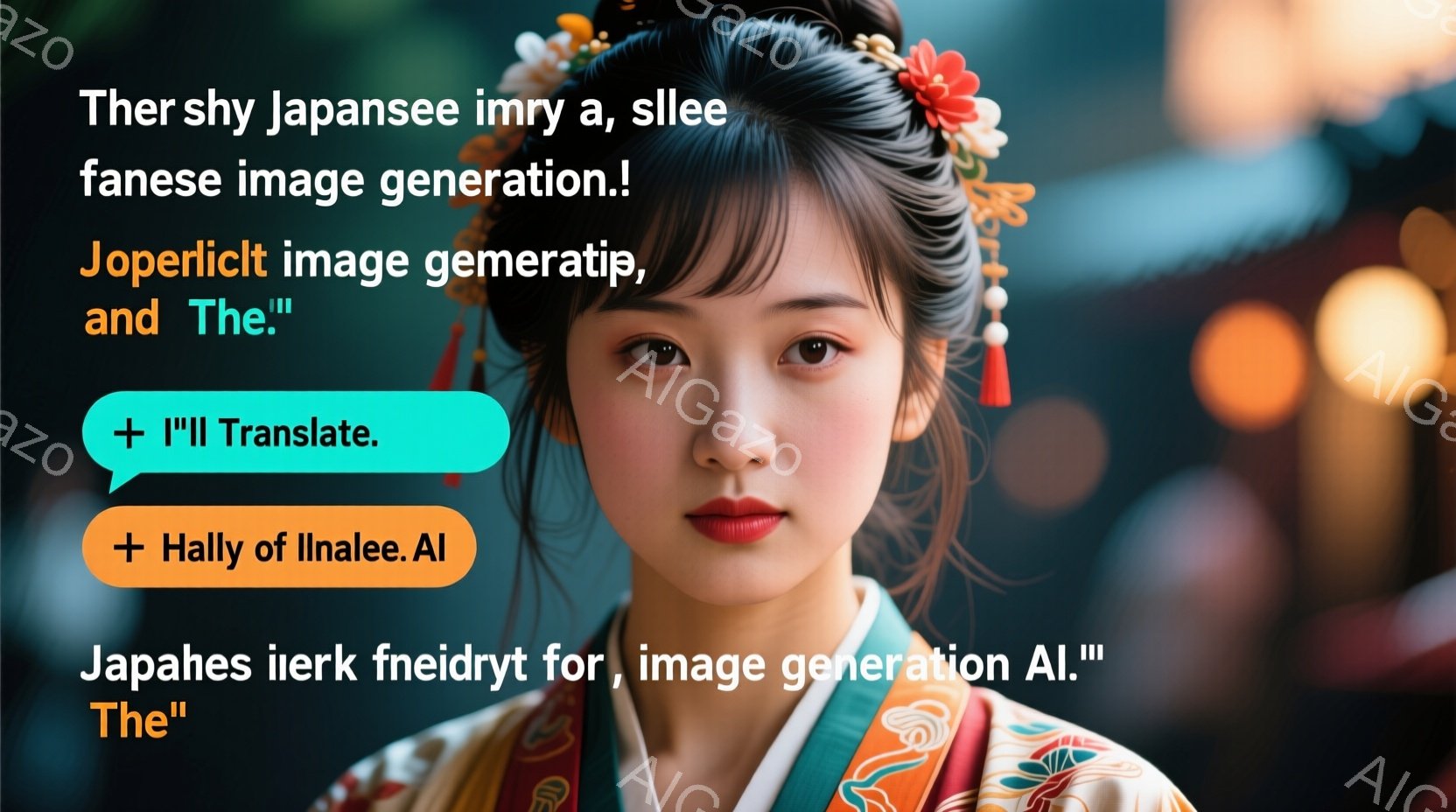 鮮やかな着物を着た女性が写っている。髪は複雑な編み込みでまとめられ、華やかな髪飾りをつけている。彼女は微笑んでおり、落ち着いた雰囲気でカメラを見ている。