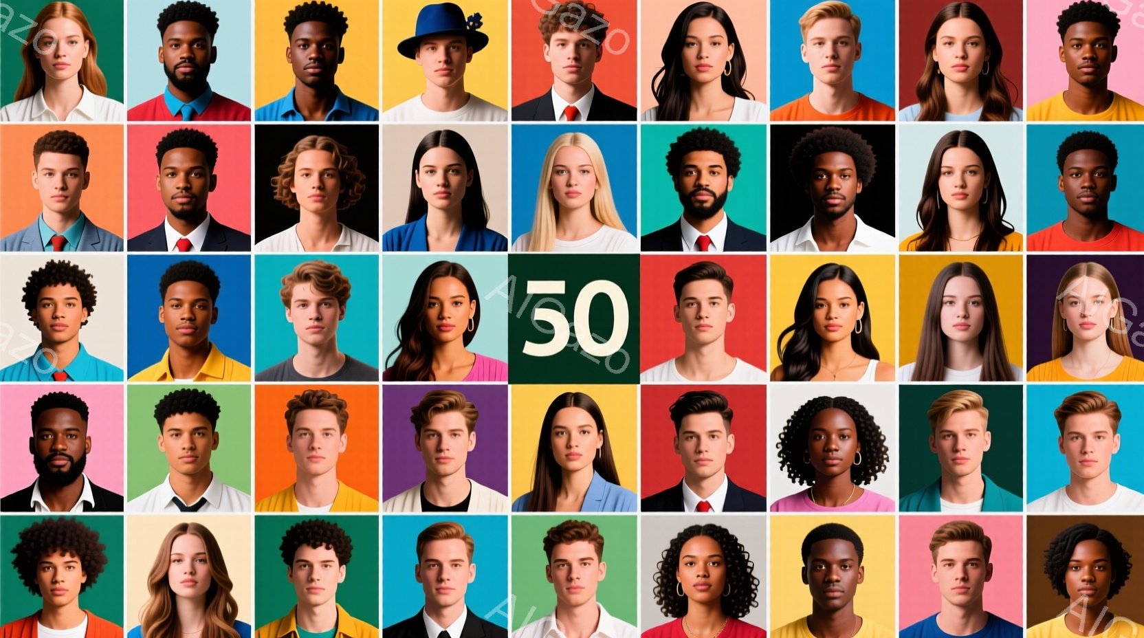 さまざまな人種と年齢の人物の顔のコラージュです。各人物は単色の背景（赤、青、黄色、緑など）を背にして、正面を向いています。服装はシャツやジャケットなど様々ですが、ほとんどの人物はフォーマルまたはセミフォーマルな服装をしています。