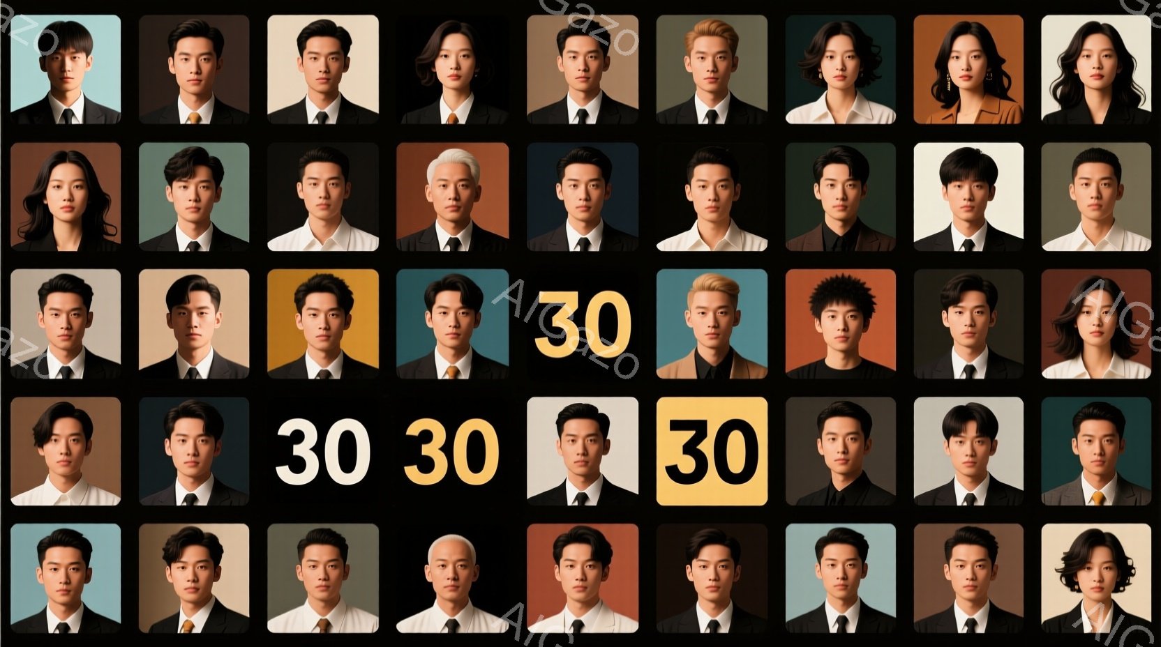 顔写真がグリッド状に並べられたものです。被写体は全員、黒または濃いグレーのスーツにネクタイを着用しており、ほぼ全員がカメラの方を見ています。全体的に、フォーマルでプロフェッショナルな雰囲気が漂っています。